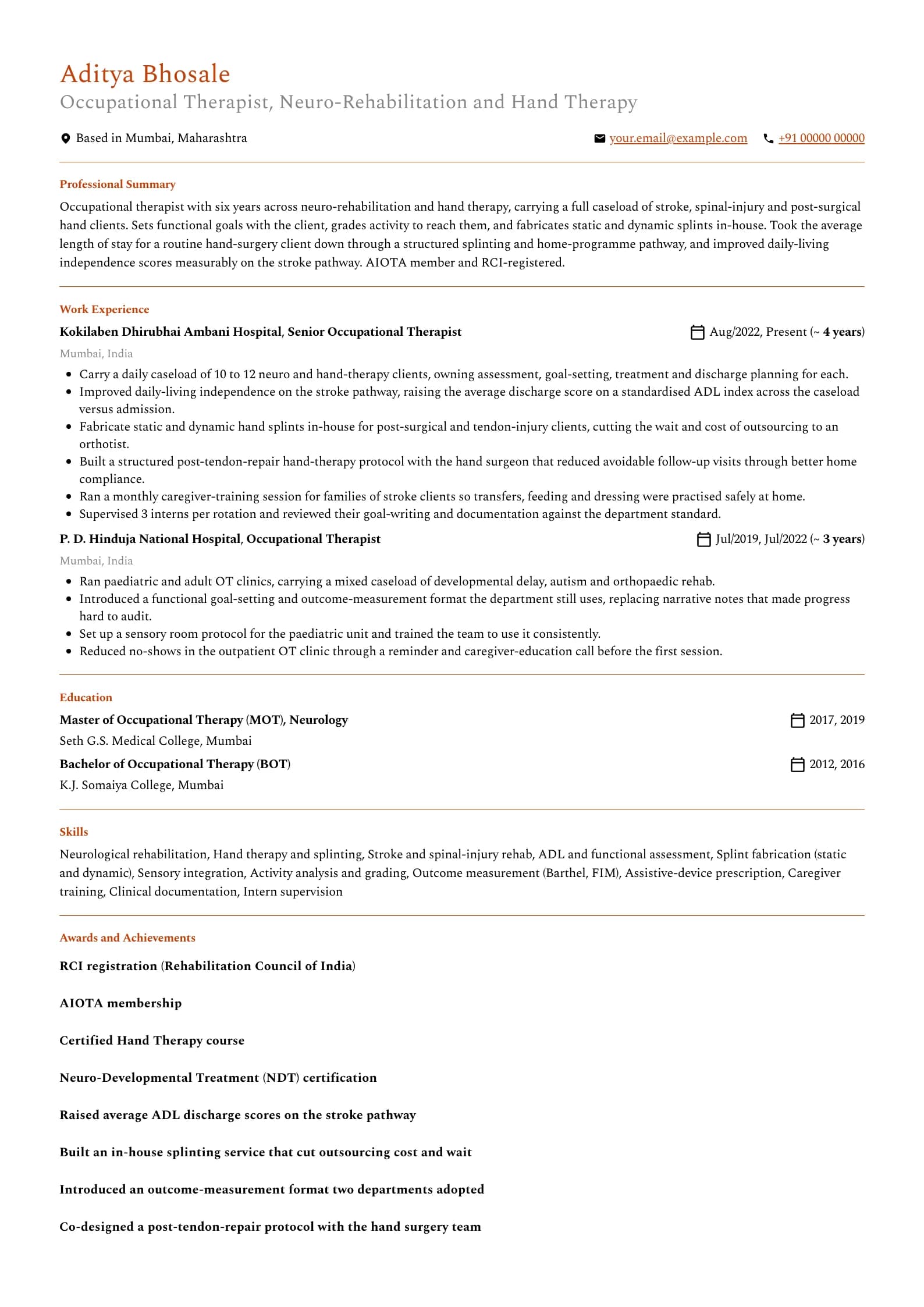Occupational Therapist resume example for Neuro-rehab / hand therapist (6 years), professional template, showing professional summary, work experience, skills, education and certifications