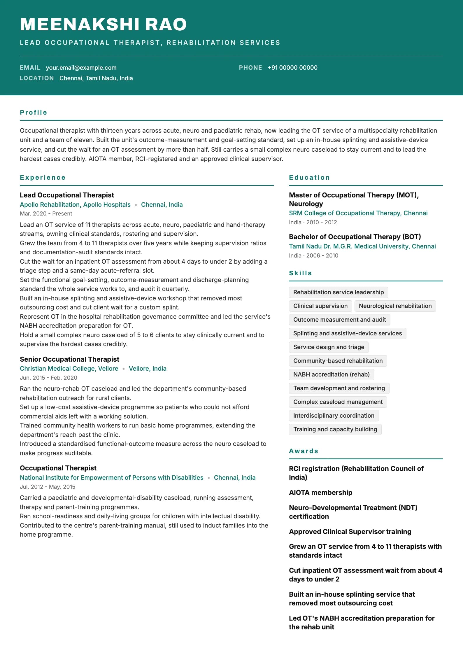 Occupational Therapist resume example for OT lead (13 years), header-band template, showing professional summary, work experience, skills, education and certifications
