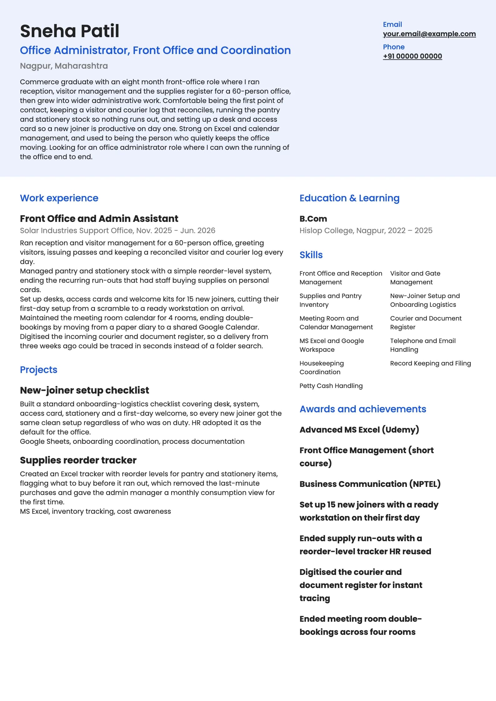 Office Administrator resume example for Fresher (0 to 1 years), modern template, showing professional summary, work experience, projects, skills, education and certifications
