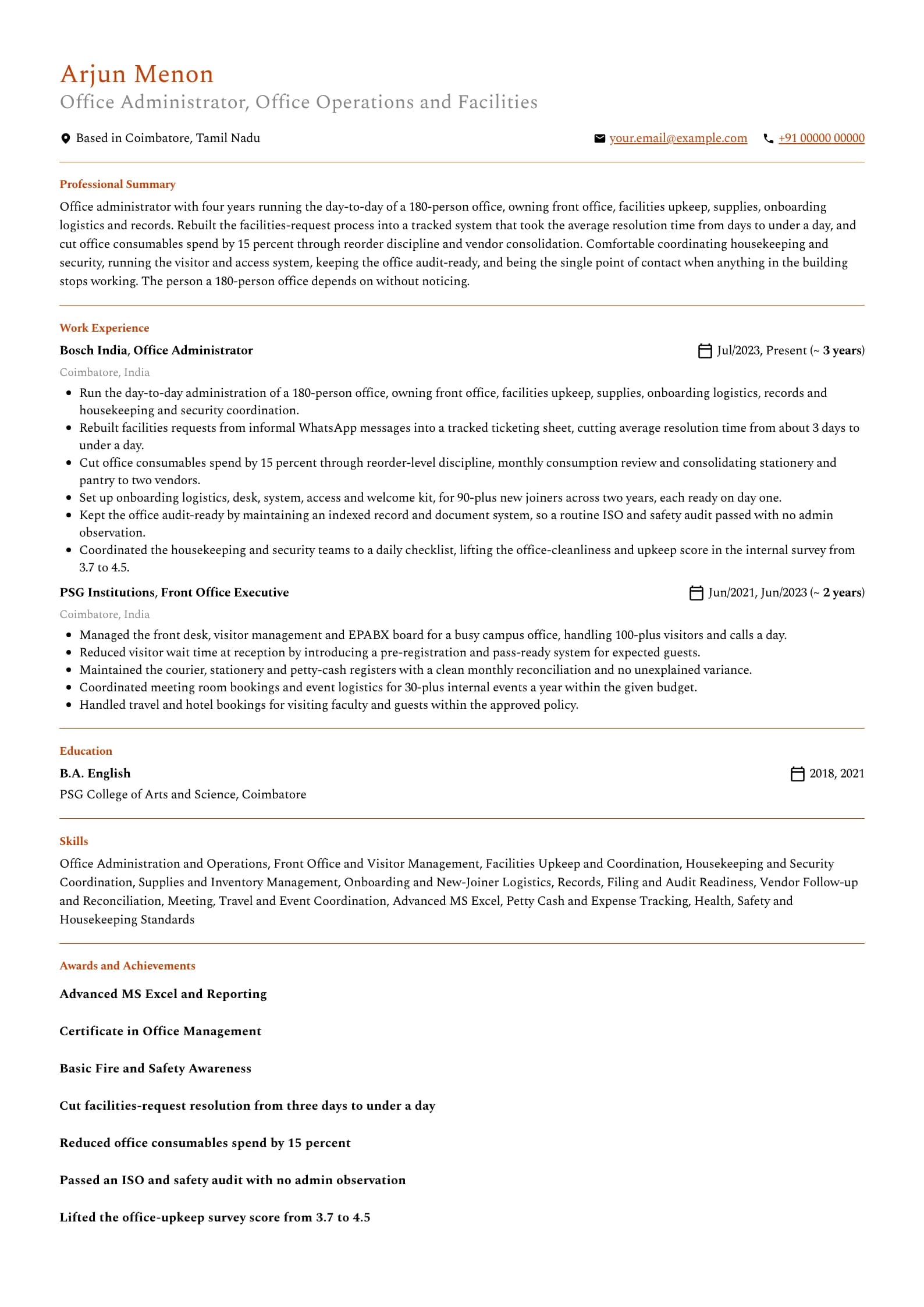 Office Administrator resume example for Mid-level (4 years), professional template, showing professional summary, work experience, skills, education and certifications