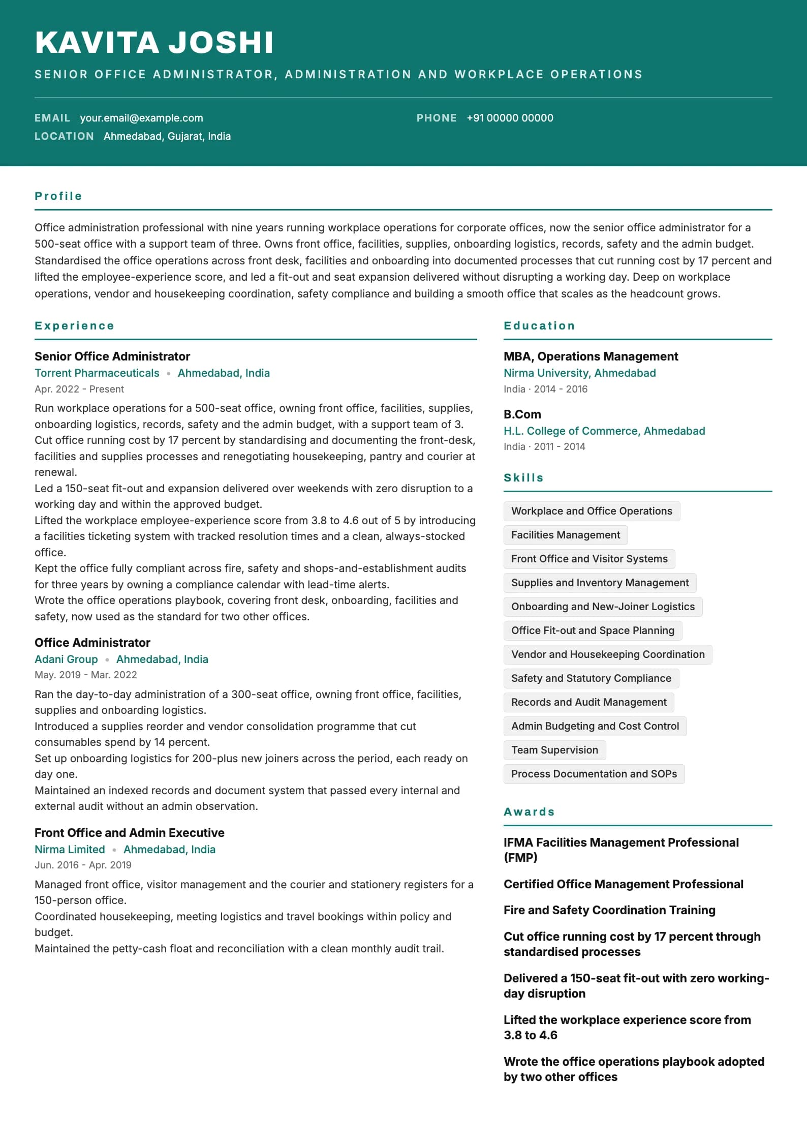 Office Administrator resume example for Senior (9 years), header-band template, showing professional summary, work experience, skills, education and certifications