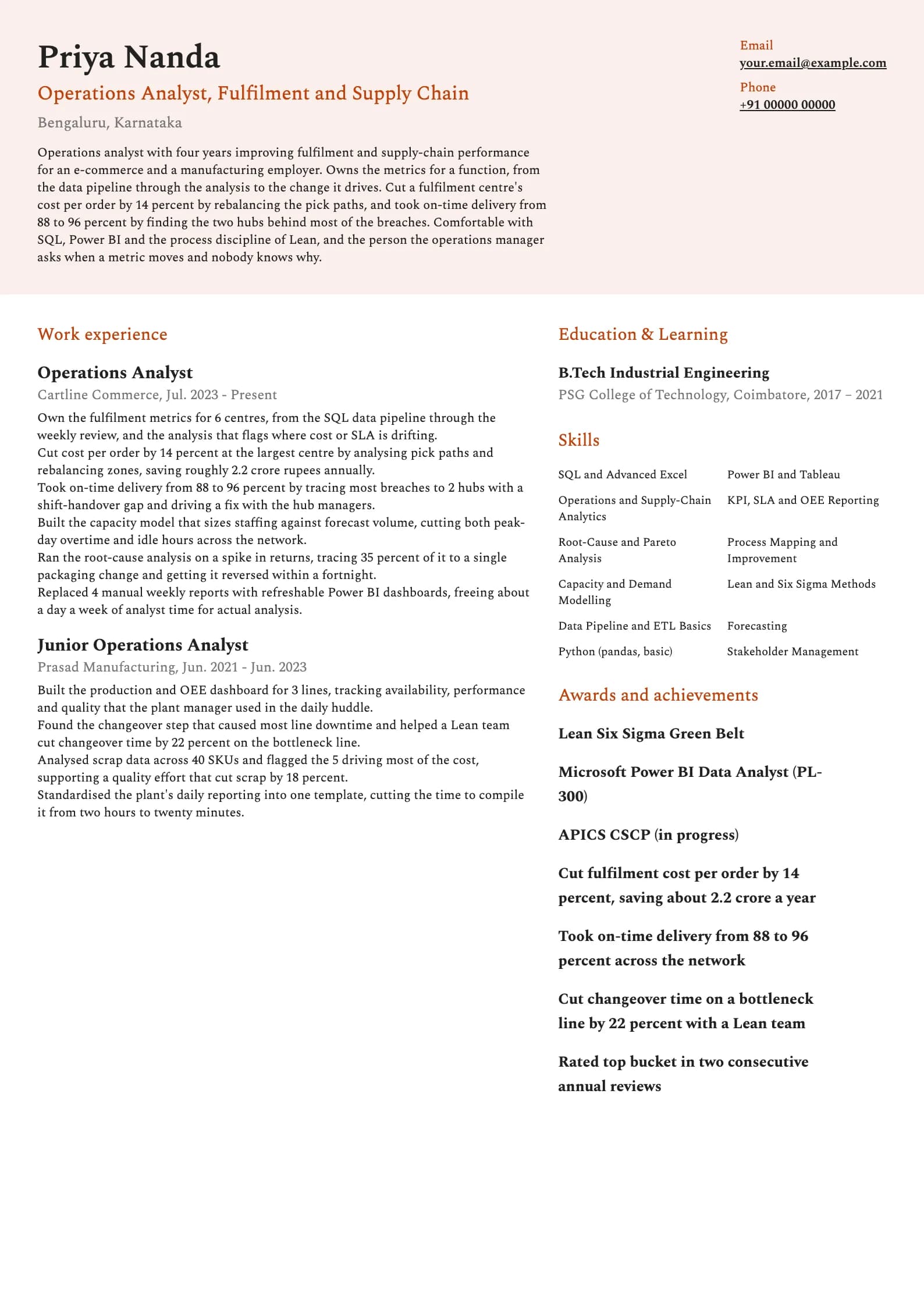 Operations Analyst resume example for Operations Analyst (4 years), modern template, showing professional summary, work experience, skills, education and certifications