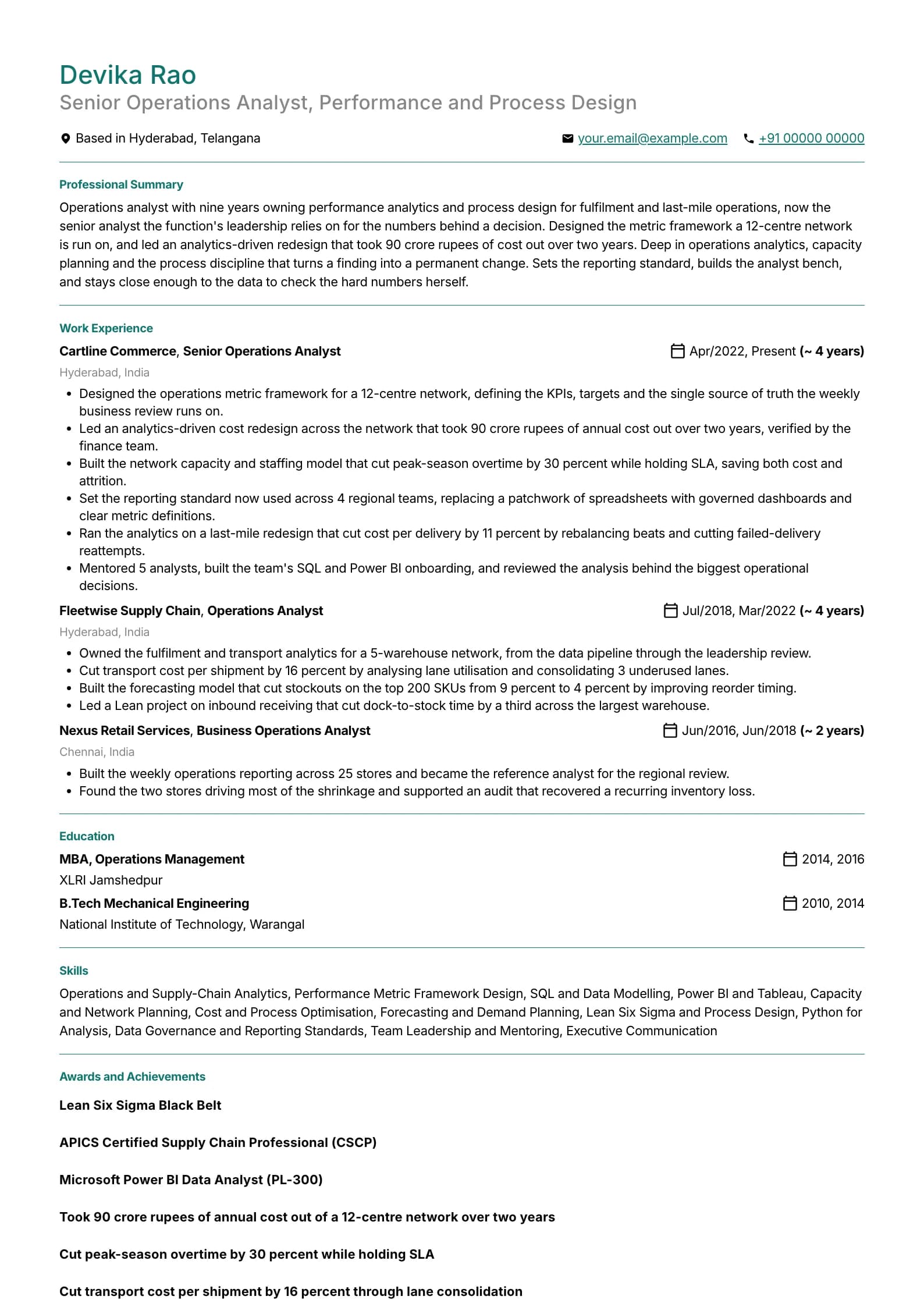 Operations Analyst resume example for Senior Operations Analyst (9 years), professional template, showing professional summary, work experience, skills, education and certifications