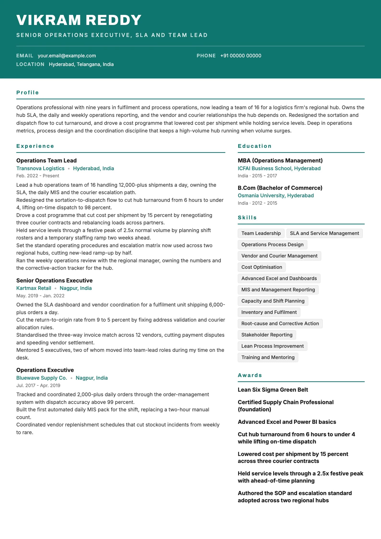 Operations Executive resume example for Senior (9 years), header-band template, showing professional summary, work experience, skills, education and certifications
