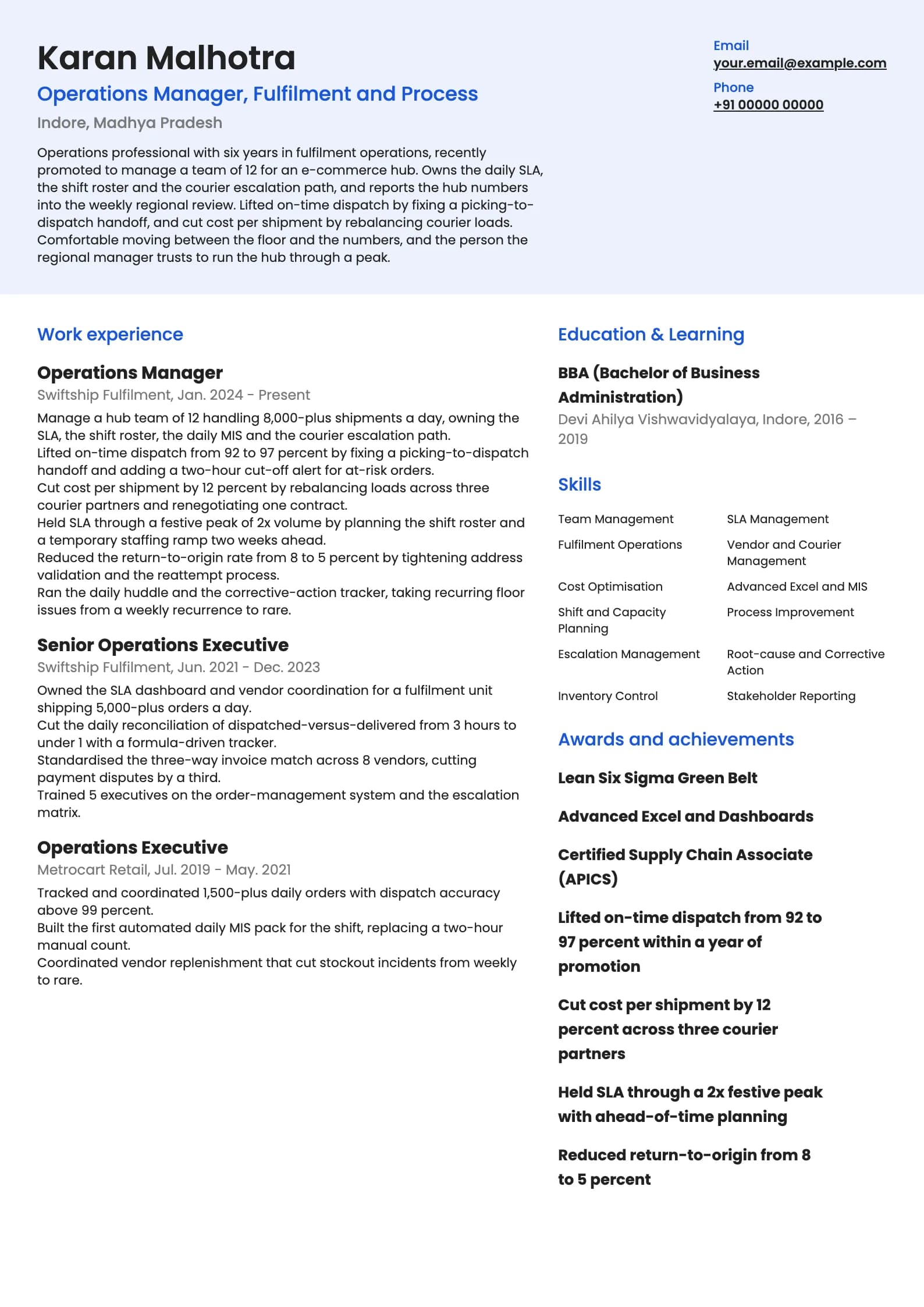 Operations Manager resume example for Early manager (6 years), modern template, showing professional summary, work experience, skills, education and certifications