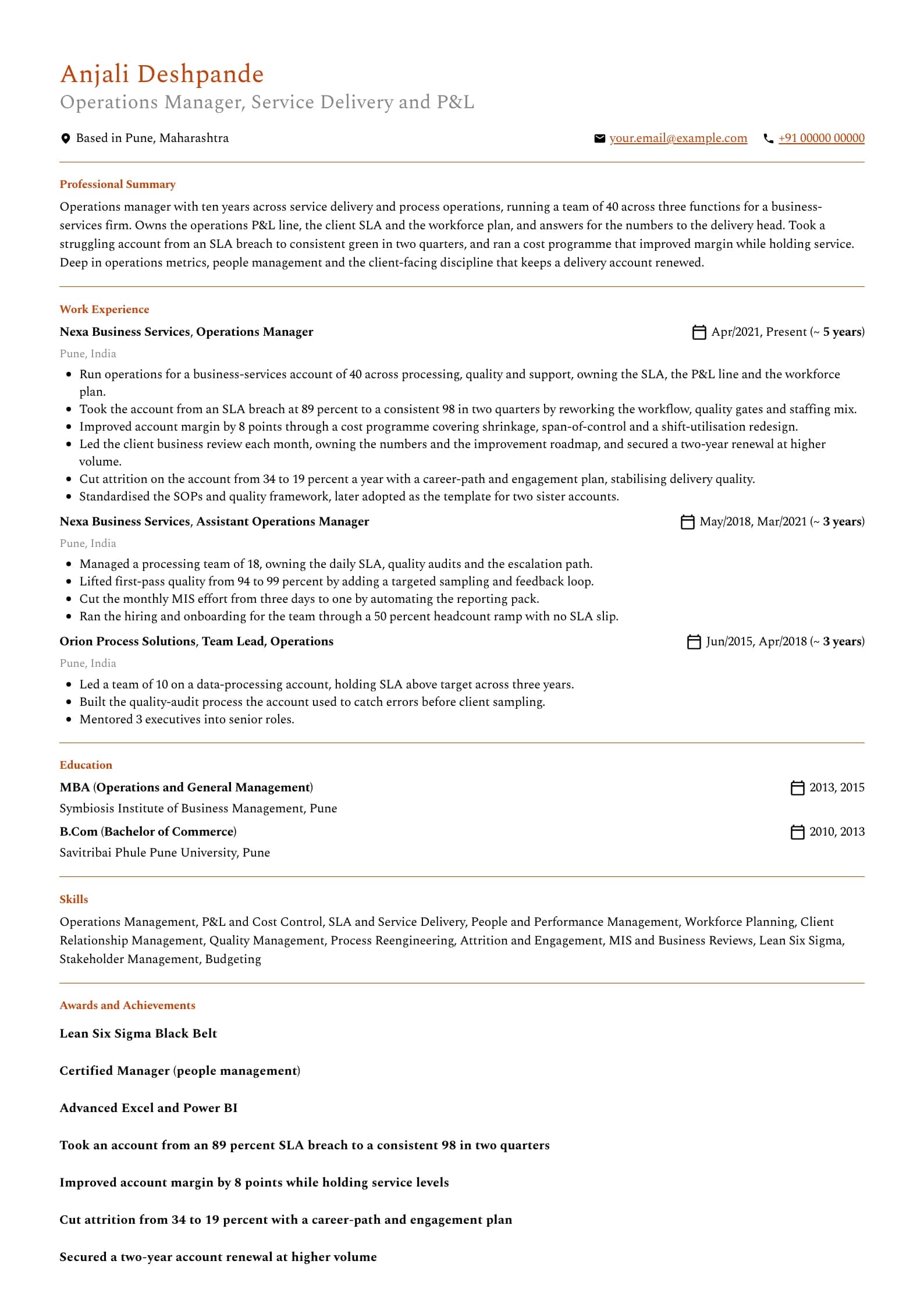 Operations Manager resume example for Manager (10 years), professional template, showing professional summary, work experience, skills, education and certifications