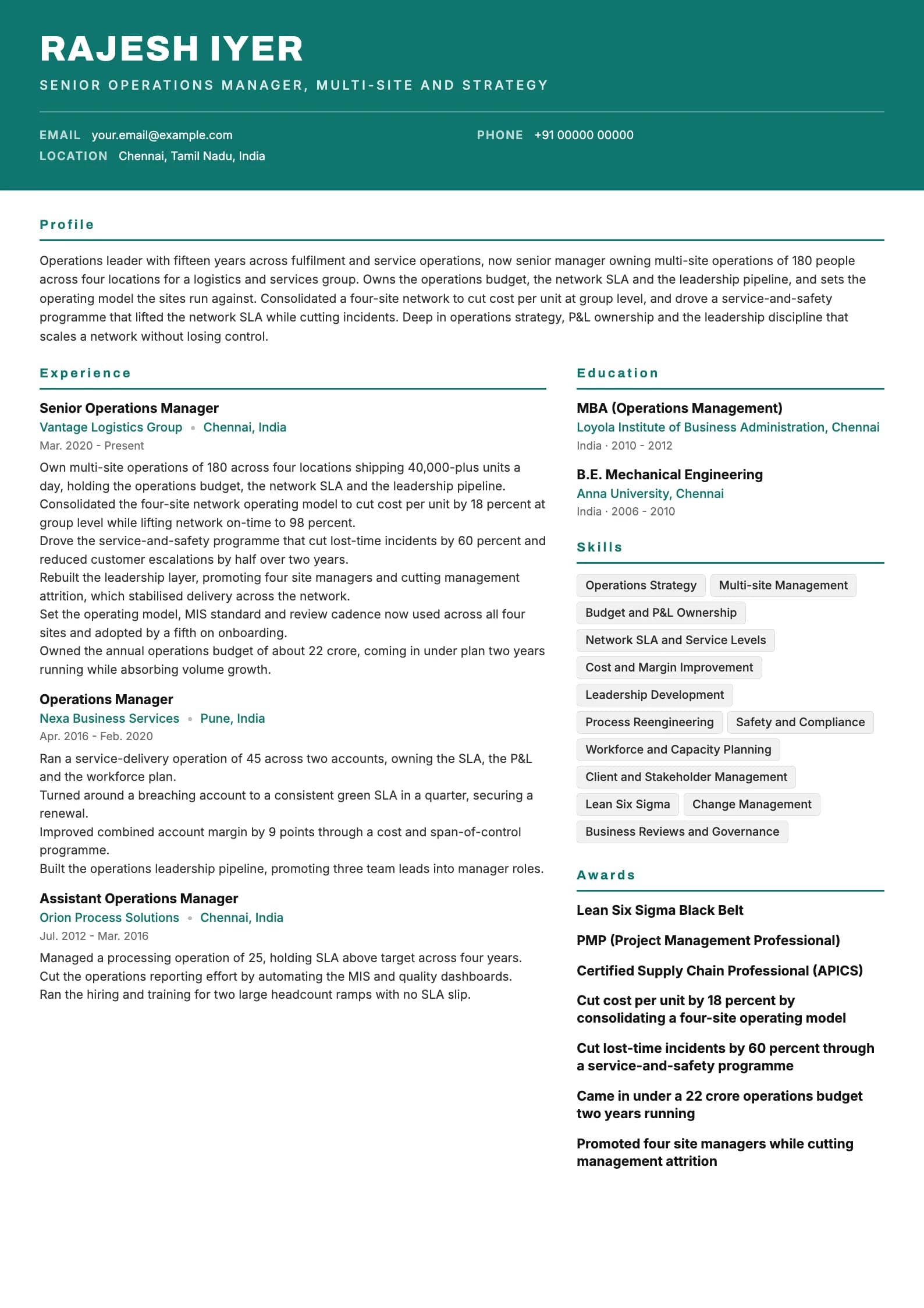 Operations Manager resume example for Senior manager (15 years), header-band template, showing professional summary, work experience, skills, education and certifications