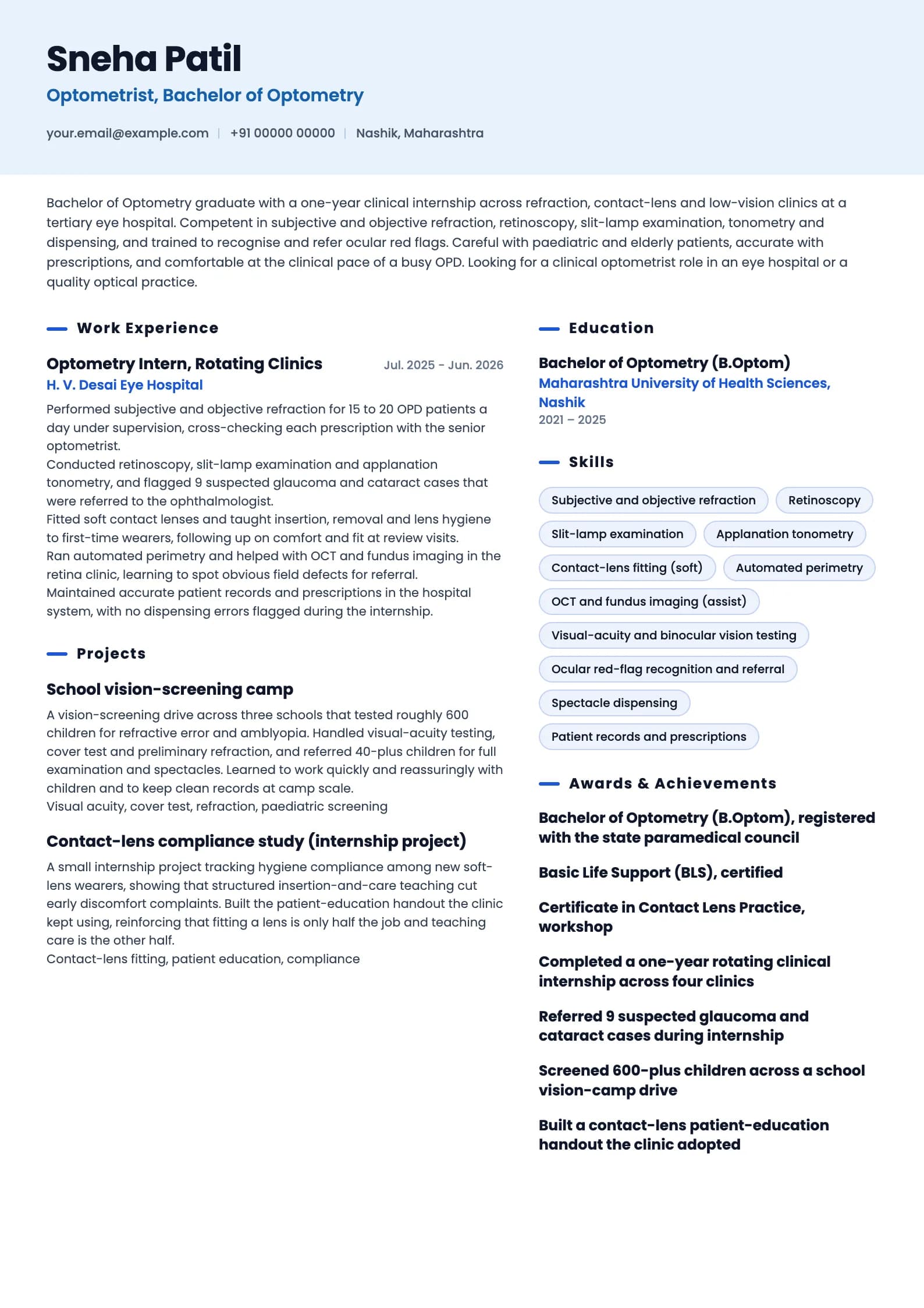 Optometrist resume example for Fresher (0 years), ai-era template, showing professional summary, work experience, projects, skills, education and certifications