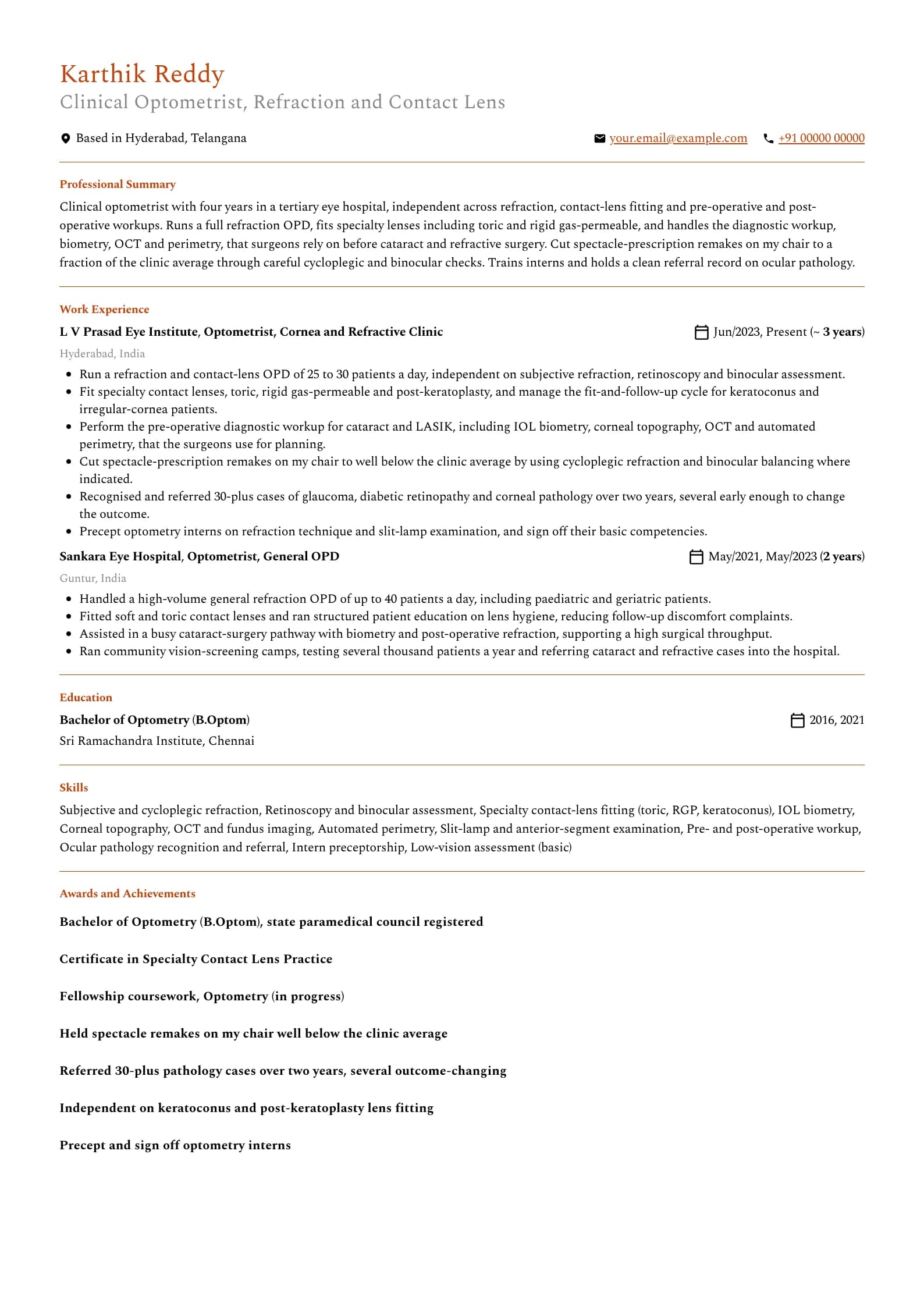 Optometrist resume example for Clinical (4 years), professional template, showing professional summary, work experience, skills, education and certifications