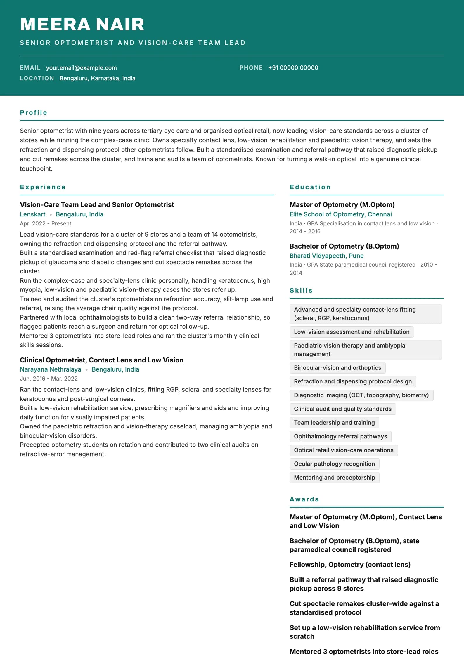 Optometrist resume example for Senior (9 years), header-band template, showing professional summary, work experience, skills, education and certifications