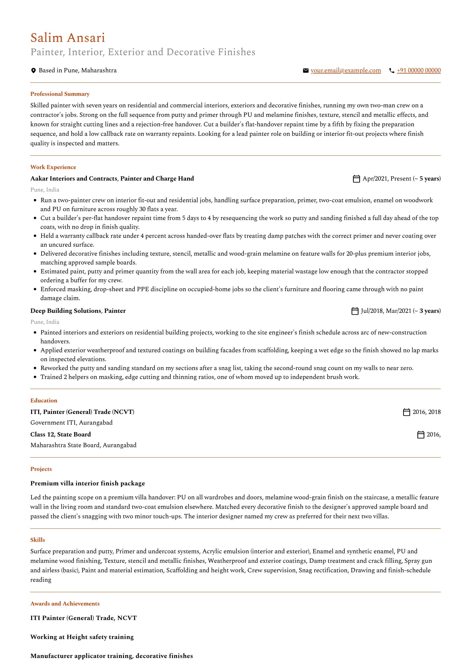 Painter resume example for Skilled Painter (7 years), professional template, showing professional summary, work experience, projects, skills, education and certifications