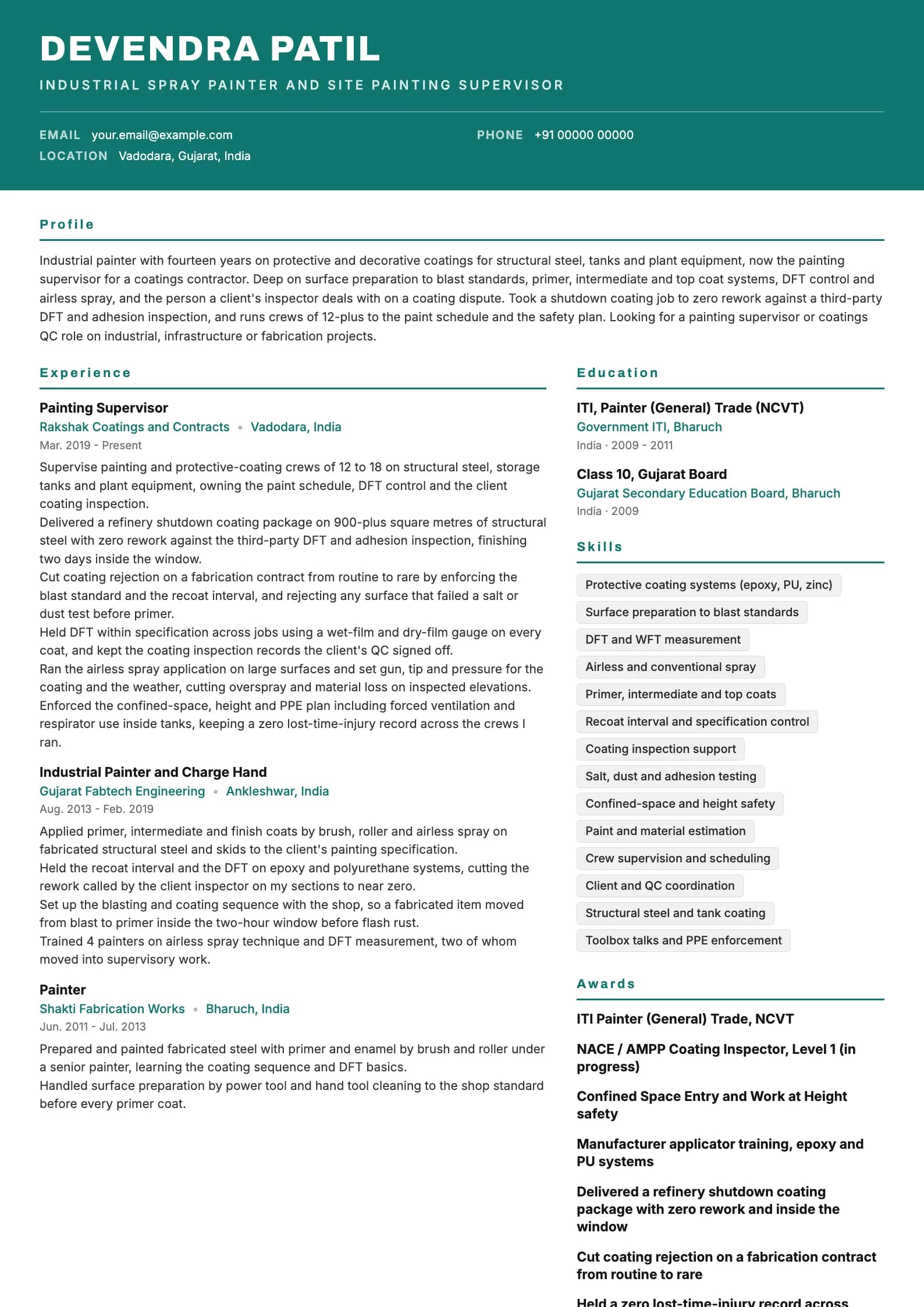 Painter resume example for Industrial Painter and Supervisor (14 years), header-band template, showing professional summary, work experience, skills, education and certifications