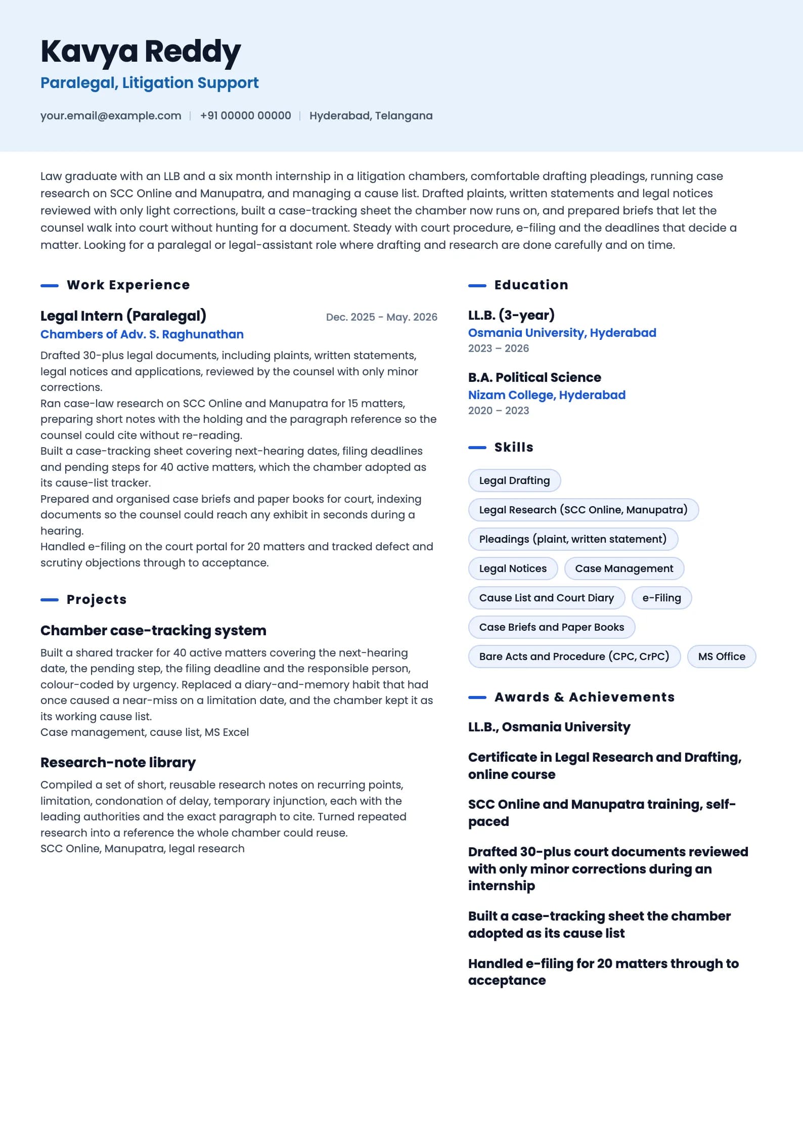 Paralegal resume example for Fresher (0 years), ai-era template, showing professional summary, work experience, projects, skills, education and certifications