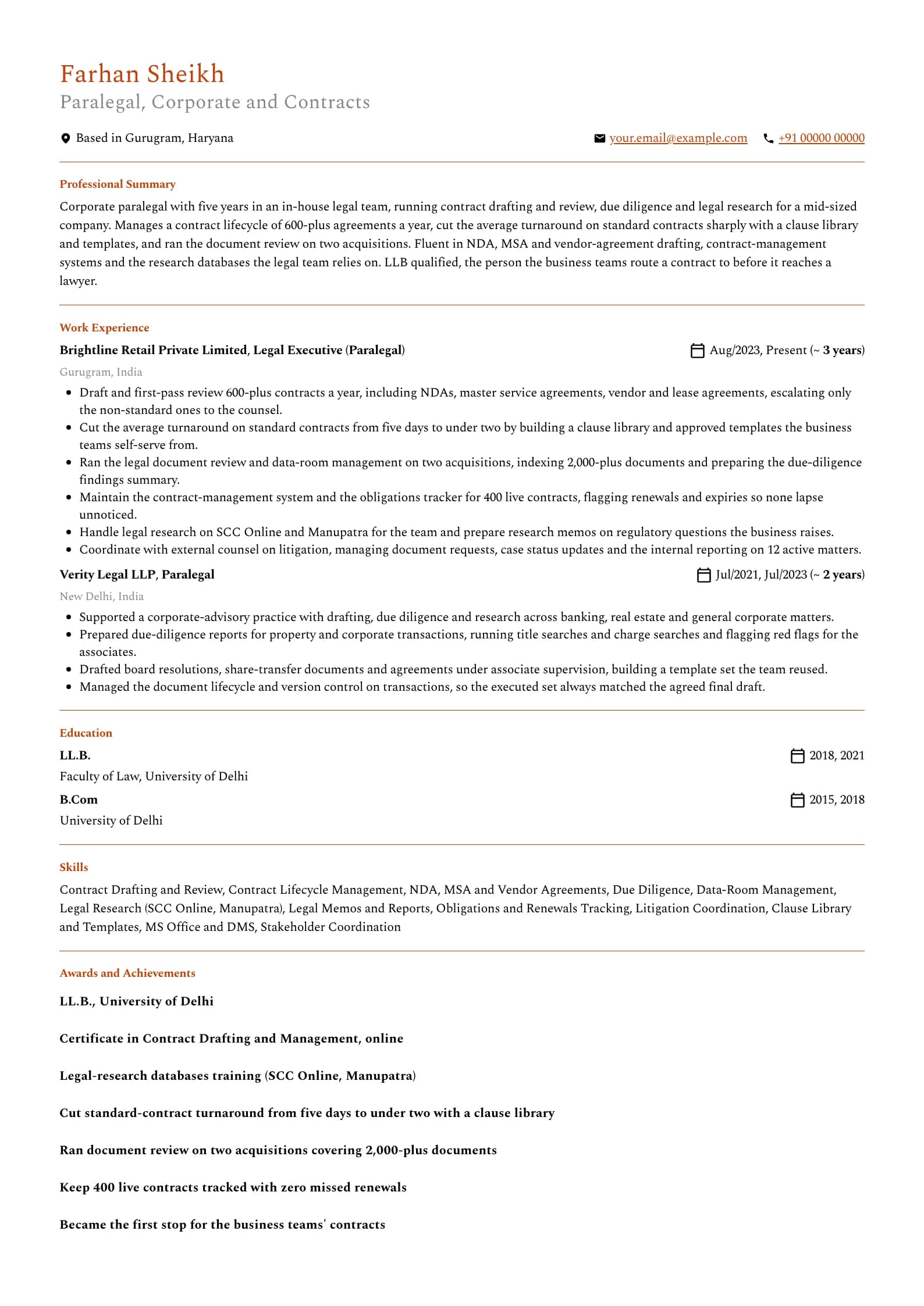 Paralegal resume example for Corporate Paralegal (5 years), professional template, showing professional summary, work experience, skills, education and certifications