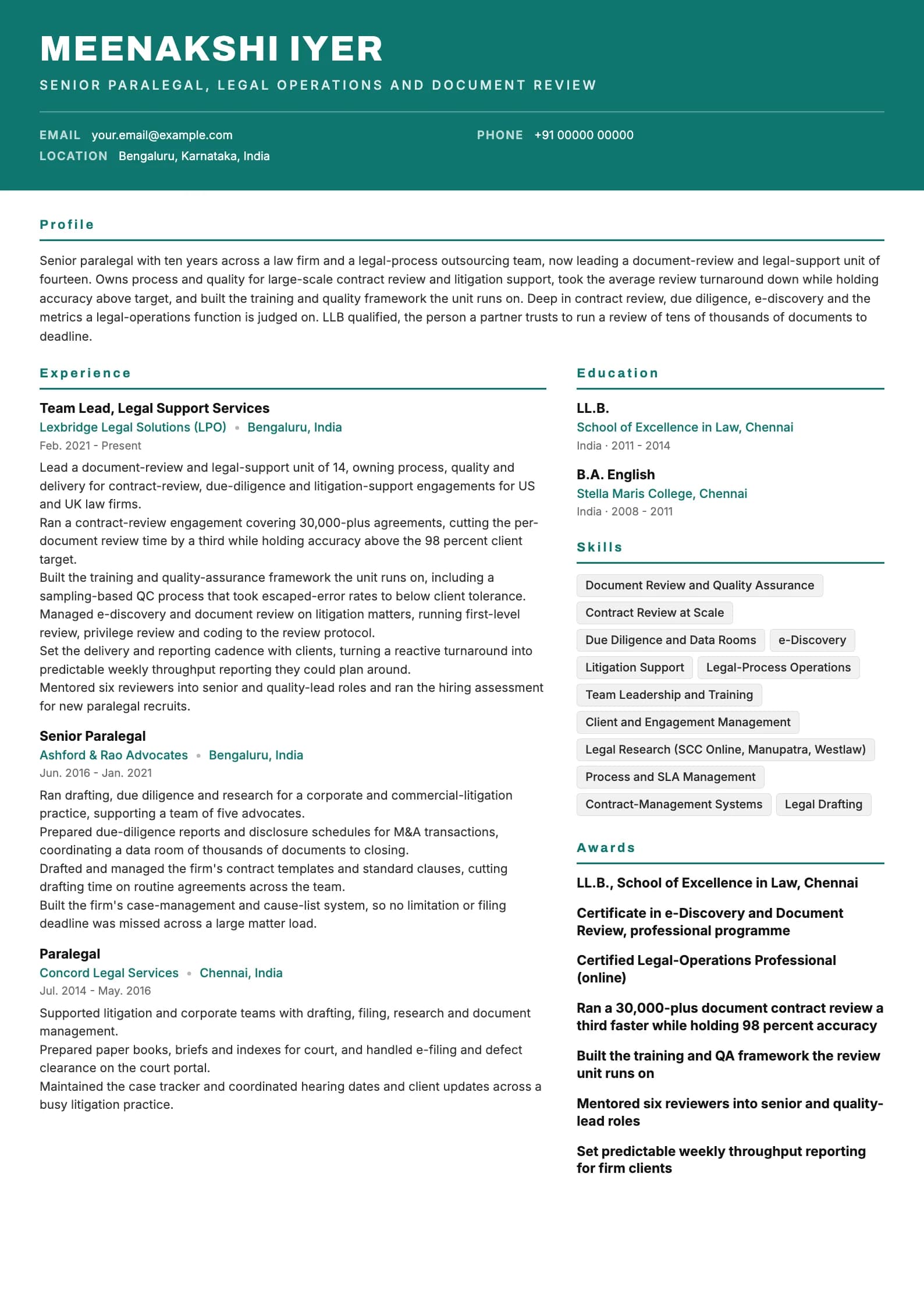 Paralegal resume example for Senior Paralegal / Legal Team Lead (10 years), header-band template, showing professional summary, work experience, skills, education and certifications
