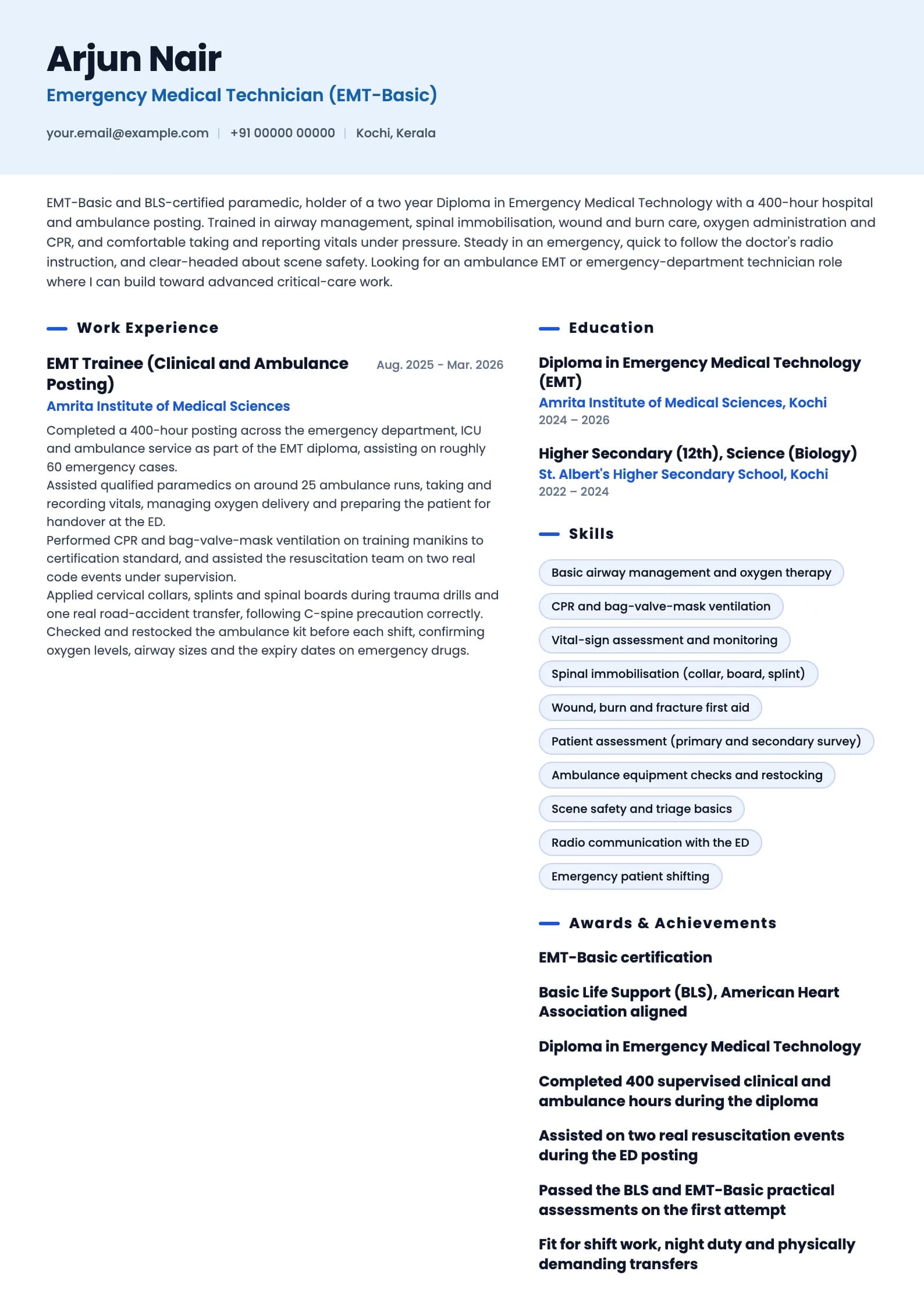 Paramedic resume example for Fresher (0 years), ai-era template, showing professional summary, work experience, skills, education and certifications