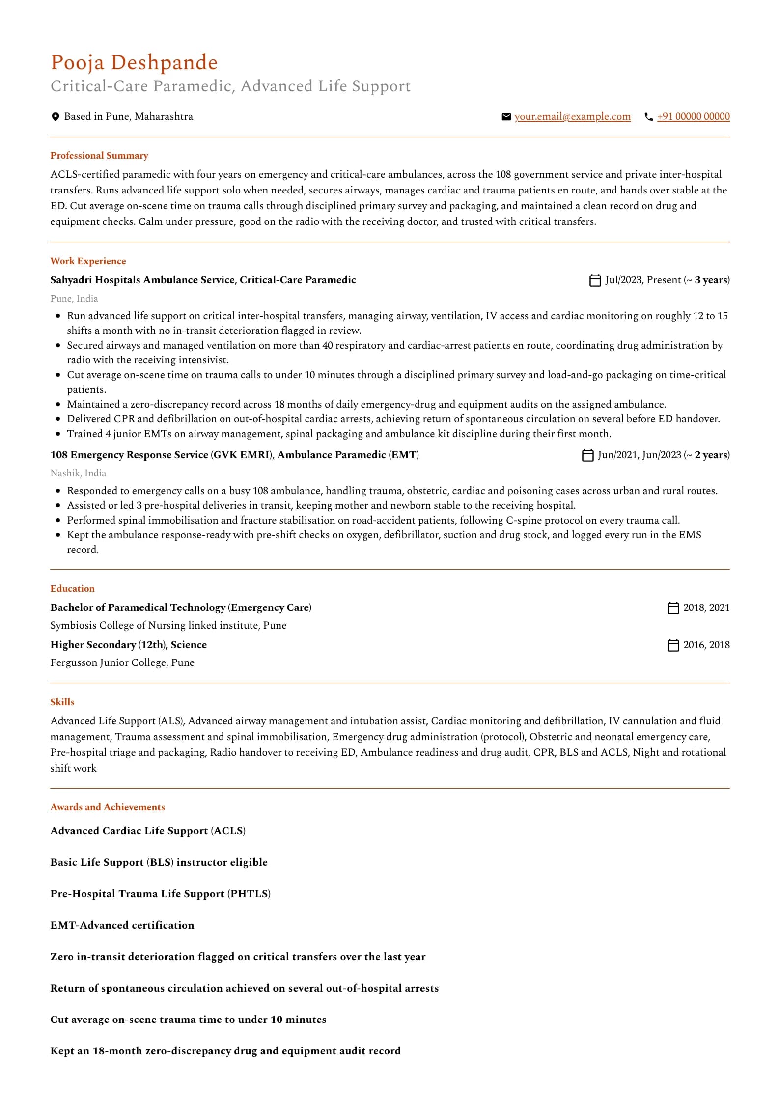 Paramedic resume example for Experienced (4 years), professional template, showing professional summary, work experience, skills, education and certifications