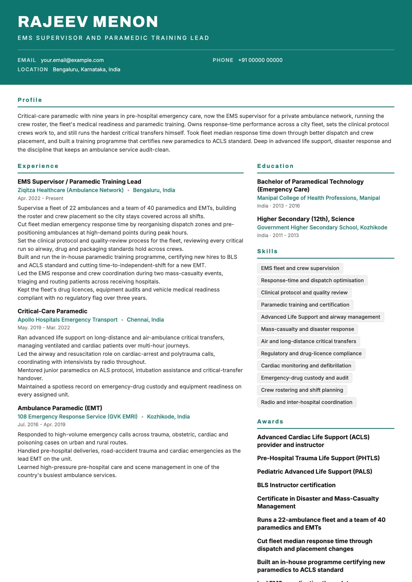 Paramedic resume example for EMS Supervisor (9 years), header-band template, showing professional summary, work experience, skills, education and certifications