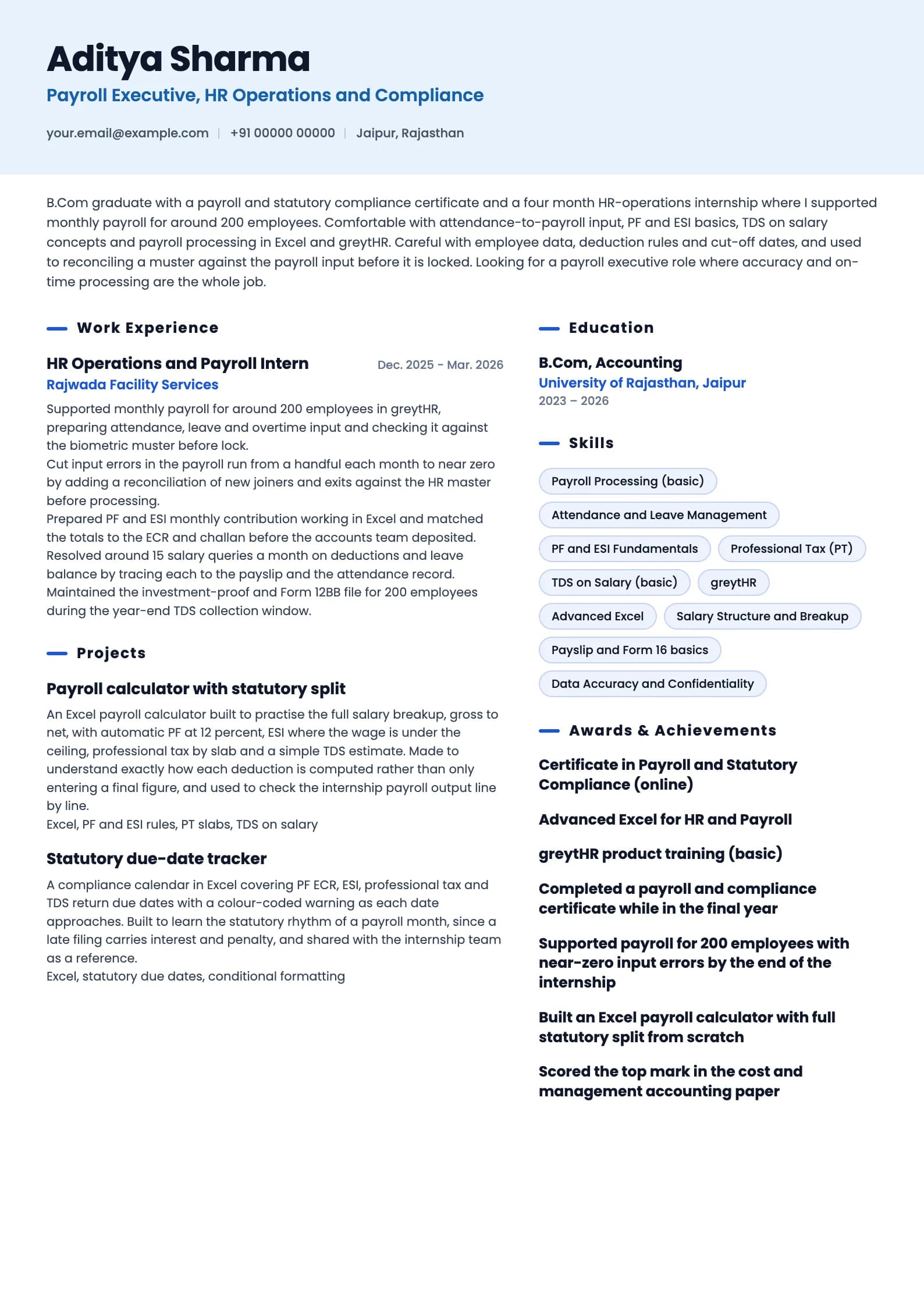 Payroll Executive resume example for Fresher (0 years), ai-era template, showing professional summary, work experience, projects, skills, education and certifications
