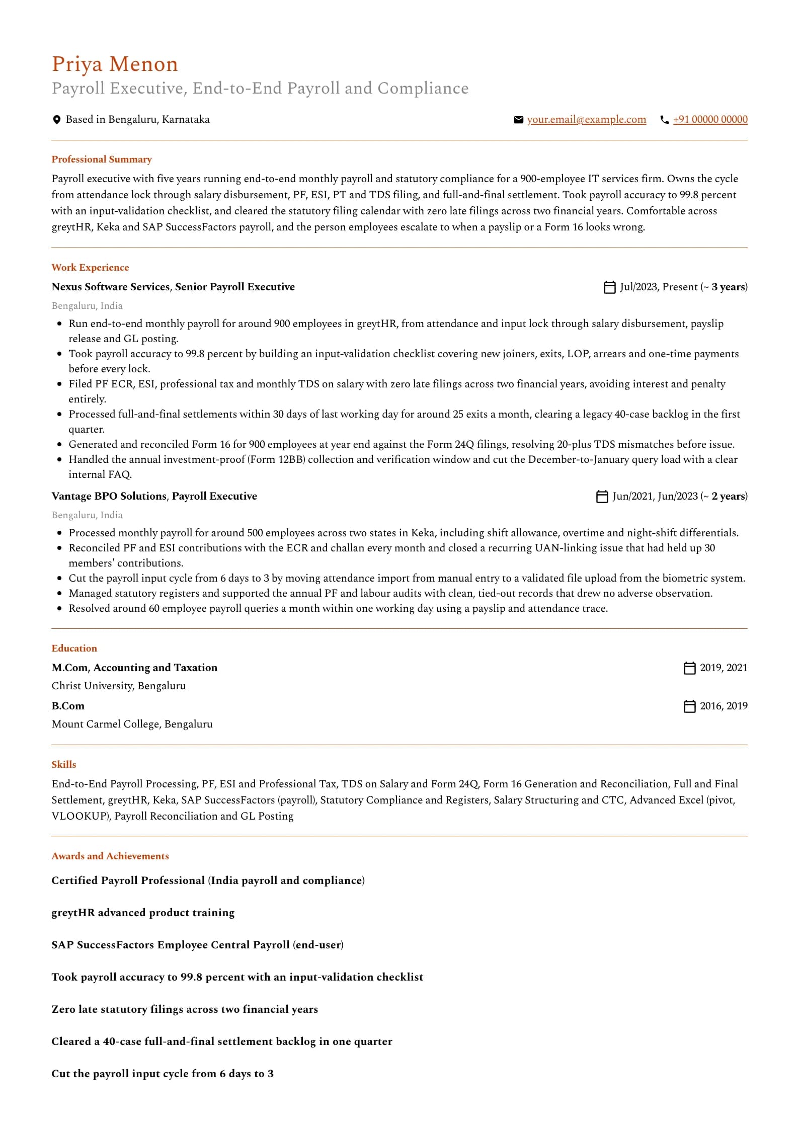 Payroll Executive resume example for Mid-level (5 years), professional template, showing professional summary, work experience, skills, education and certifications