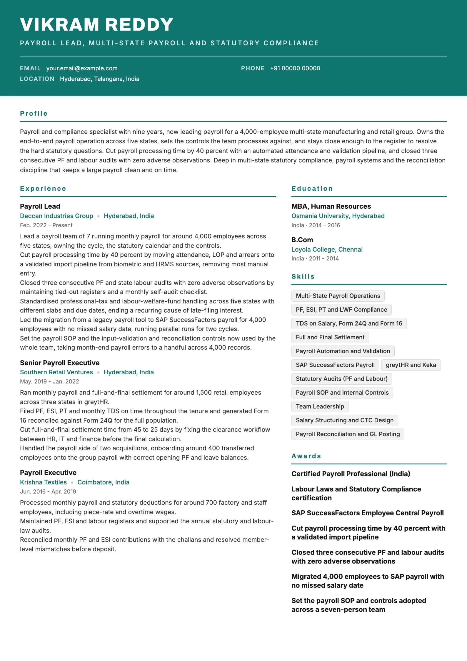 Payroll Executive resume example for Senior (9 years), header-band template, showing professional summary, work experience, skills, education and certifications