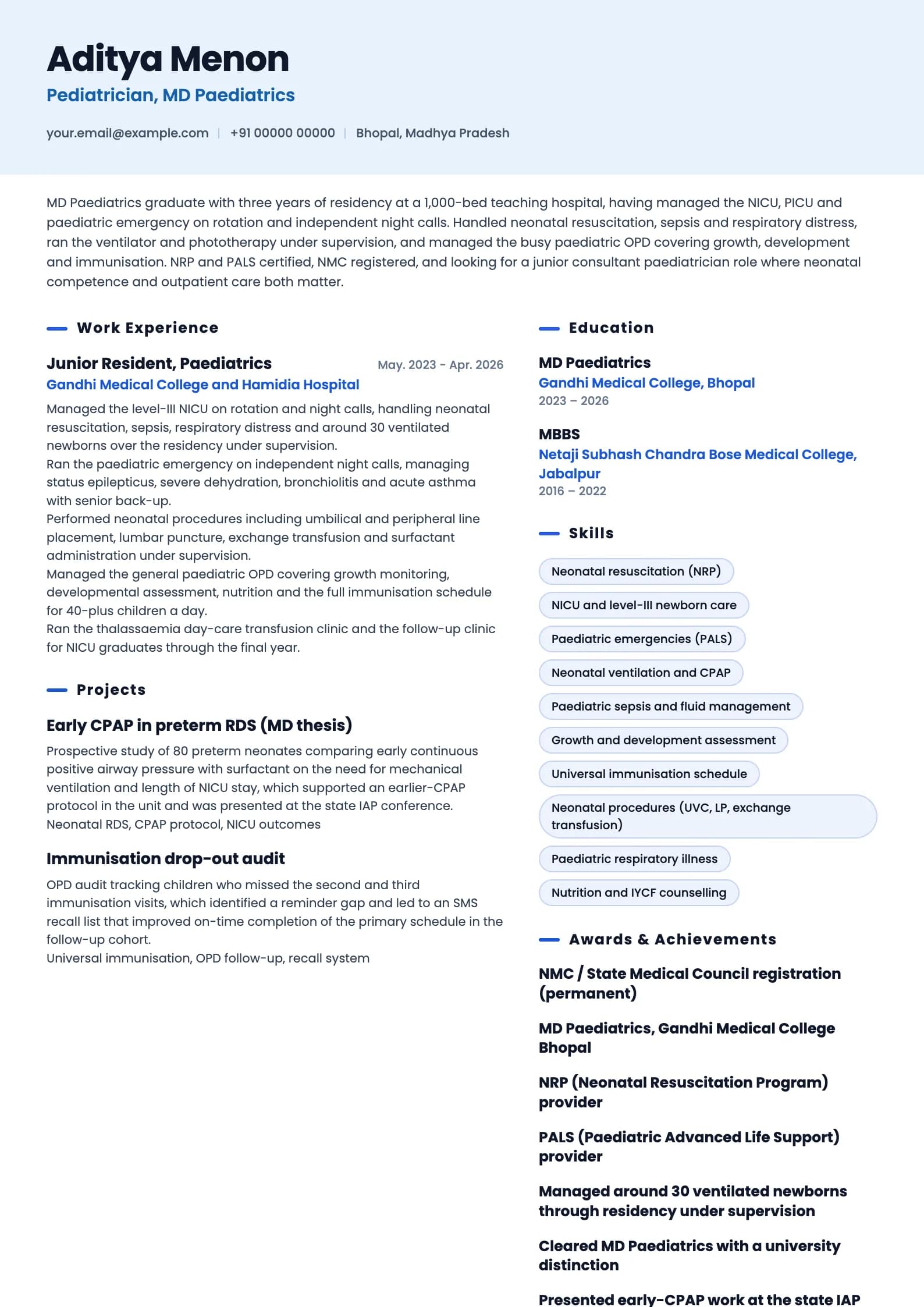 Pediatrician resume example for Fresher (MD/DNB, 0 years), ai-era template, showing professional summary, work experience, projects, skills, education and certifications