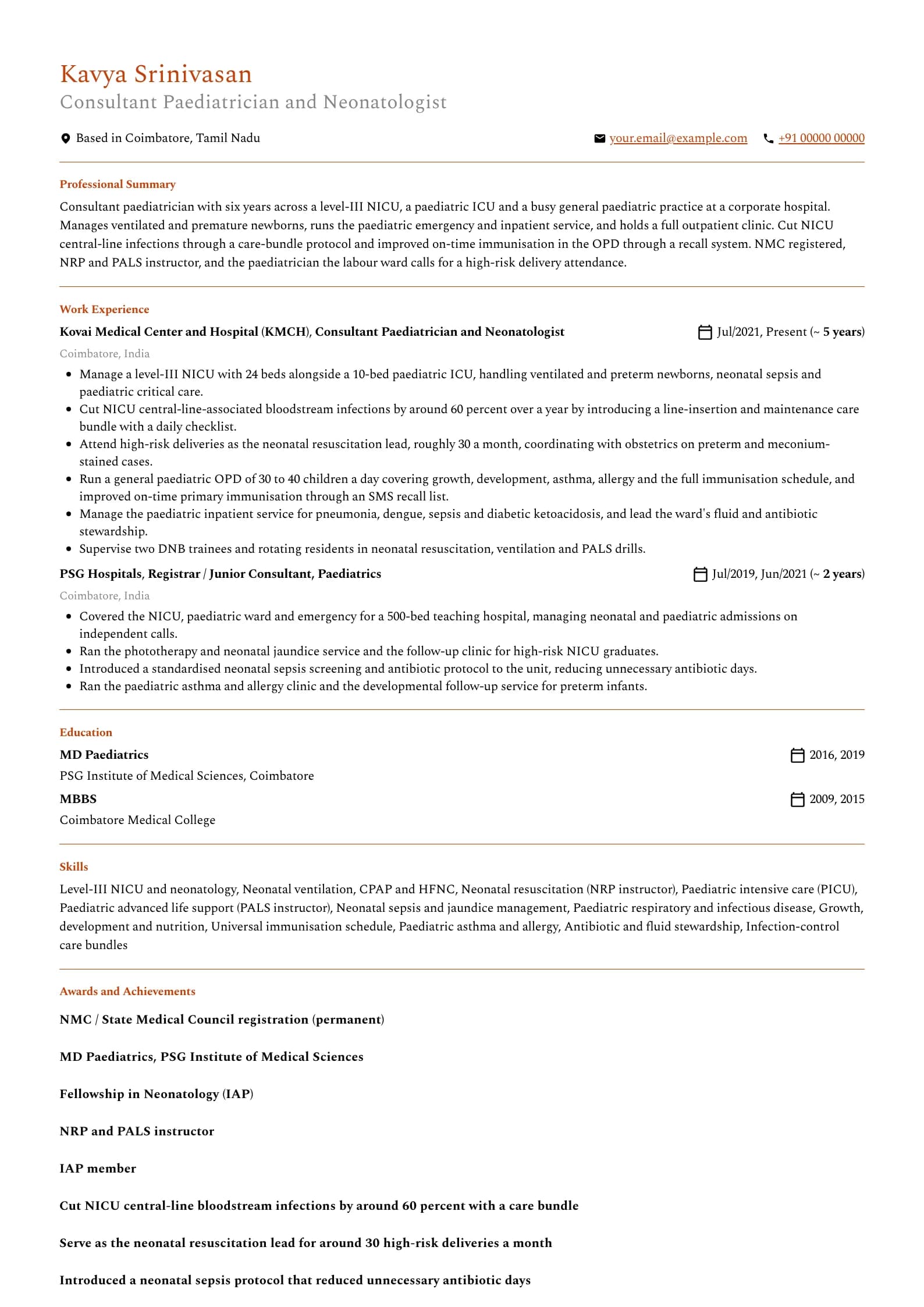 Pediatrician resume example for Consultant (6 years), professional template, showing professional summary, work experience, skills, education and certifications