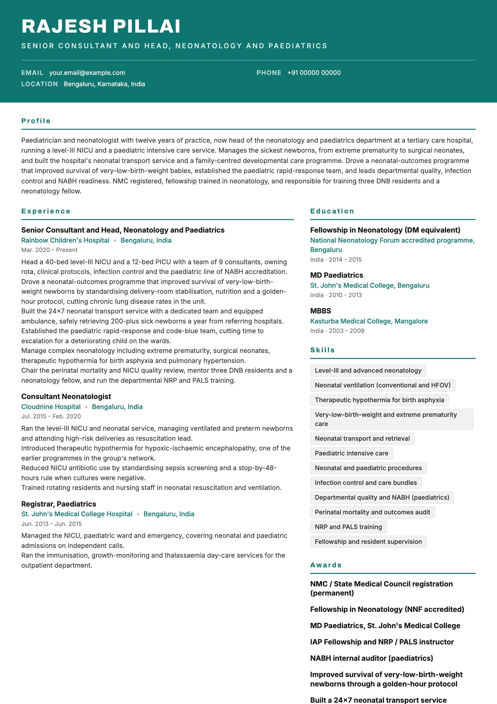 Pediatrician resume example for Senior (Neonatology, 12 years), header-band template, showing professional summary, work experience, skills, education and certifications