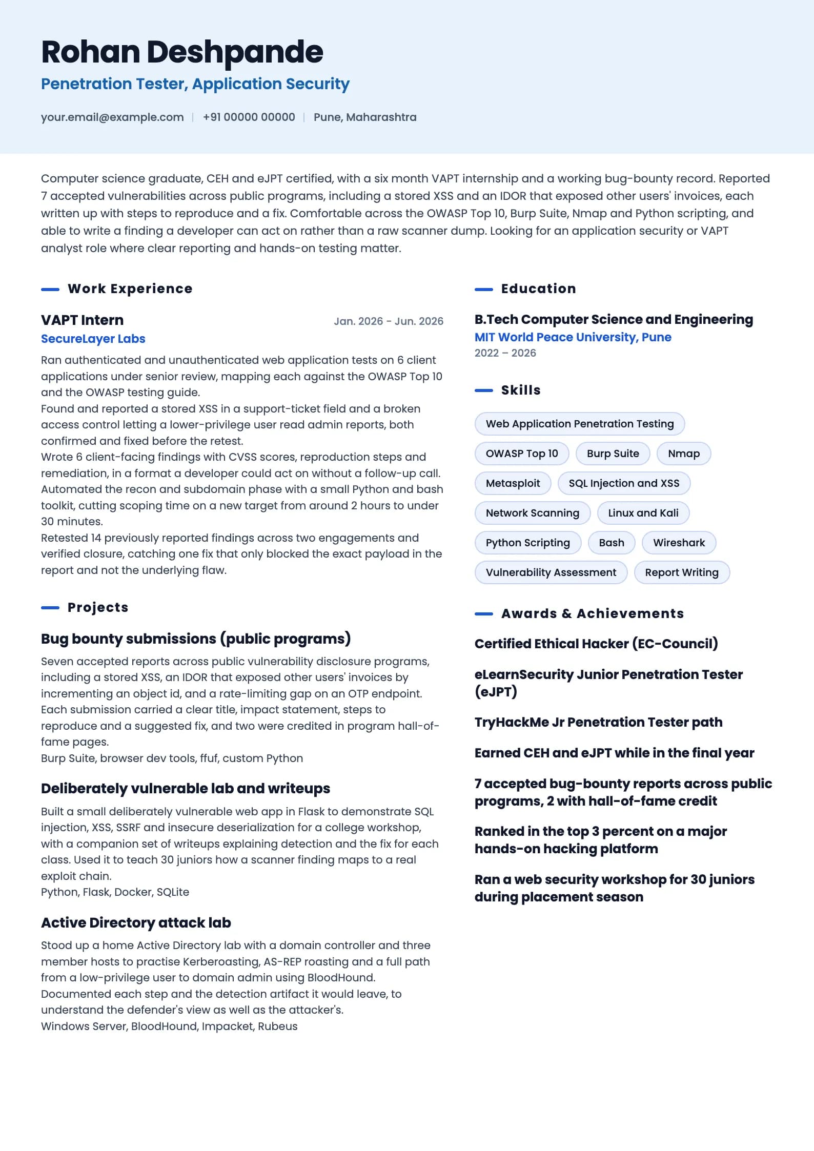 Penetration Tester resume example for Fresher (0 years), ai-era template, showing professional summary, work experience, projects, skills, education and certifications