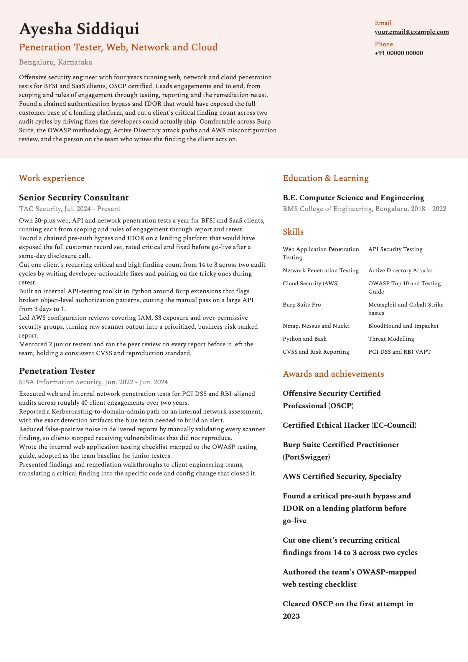 Penetration Tester resume example for Mid-level (4 years), modern template, showing professional summary, work experience, skills, education and certifications