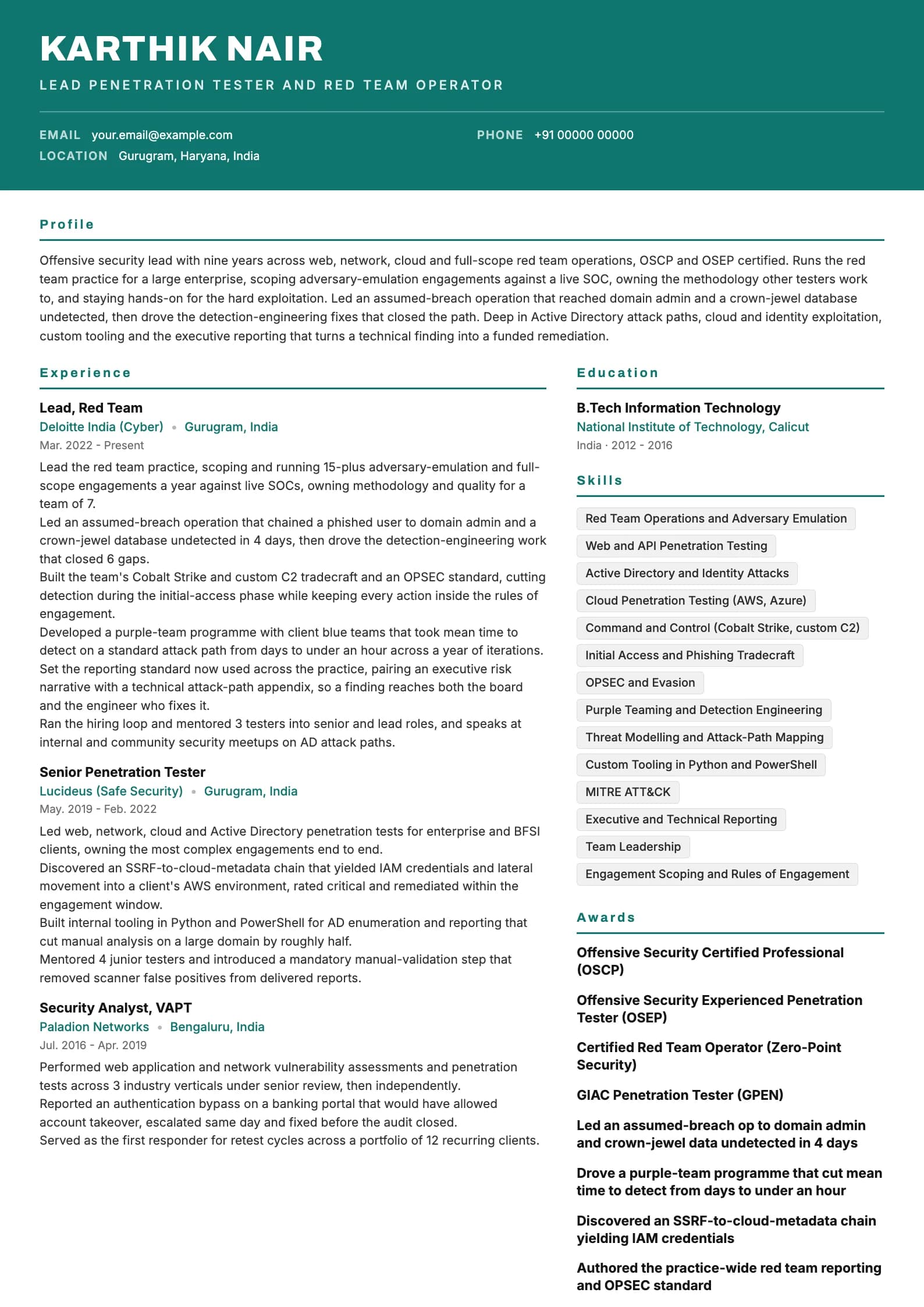 Penetration Tester resume example for Senior (9 years), header-band template, showing professional summary, work experience, skills, education and certifications