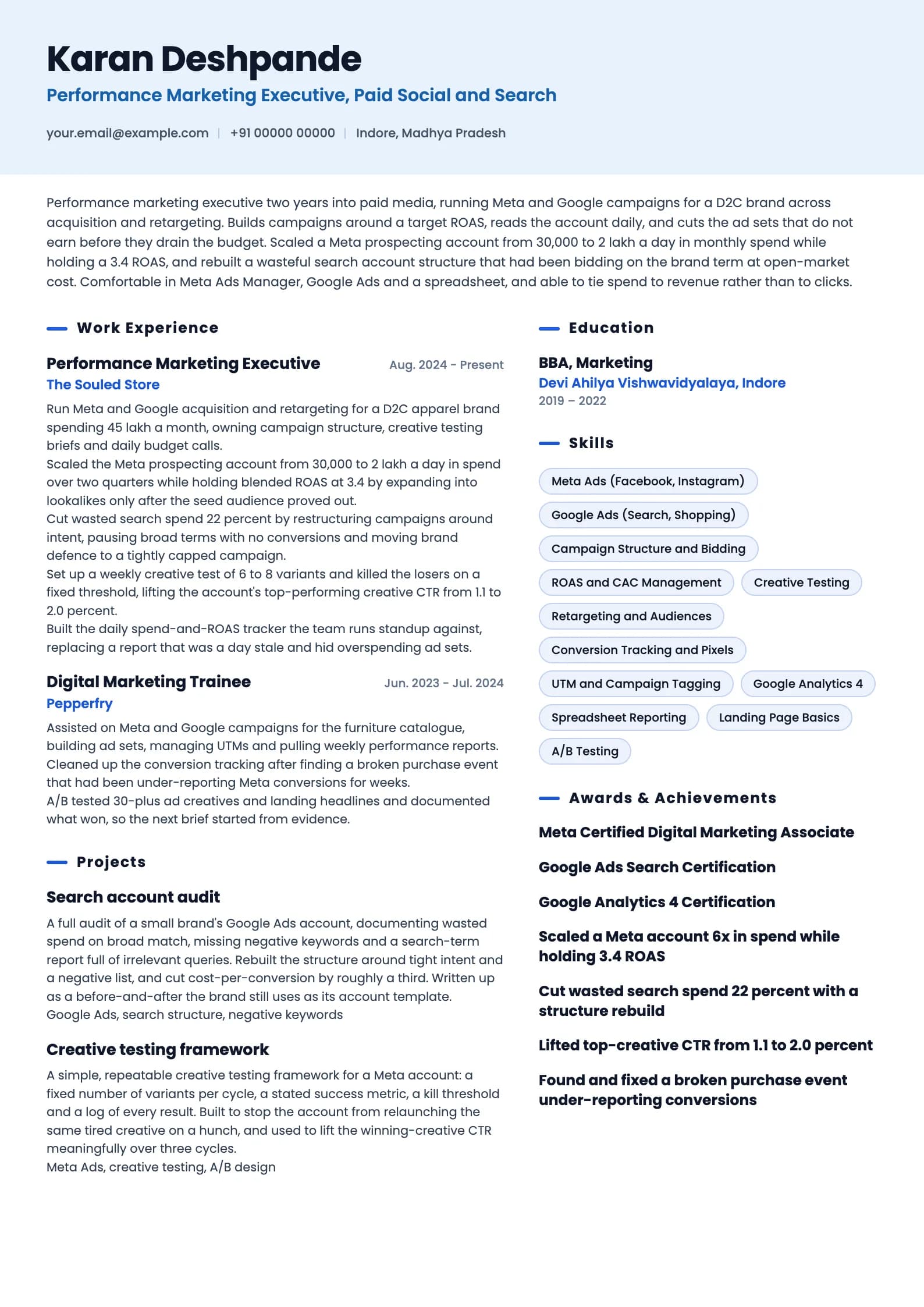 Performance Marketing Manager resume example for Performance Executive (2 years), ai-era template, showing professional summary, work experience, projects, skills, education and certifications