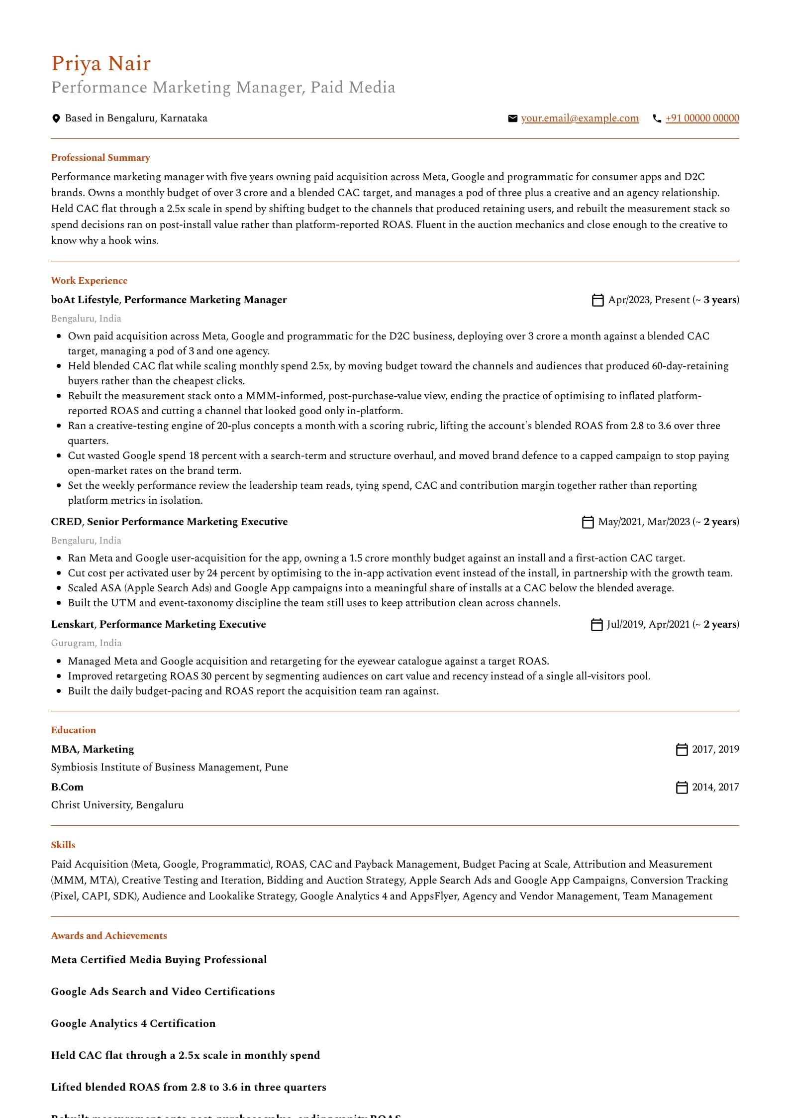 Performance Marketing Manager resume example for Performance Marketing Manager (5 years), professional template, showing professional summary, work experience, skills, education and certifications