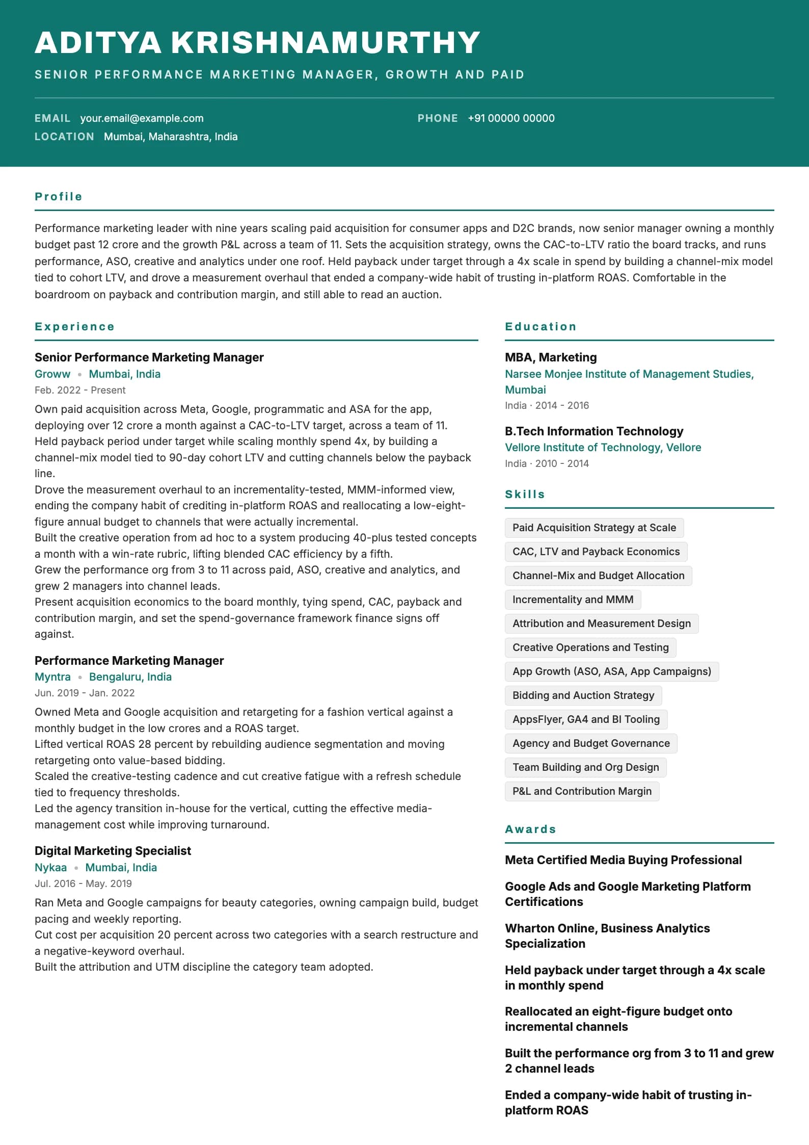 Performance Marketing Manager resume example for Senior Manager (9 years), header-band template, showing professional summary, work experience, skills, education and certifications