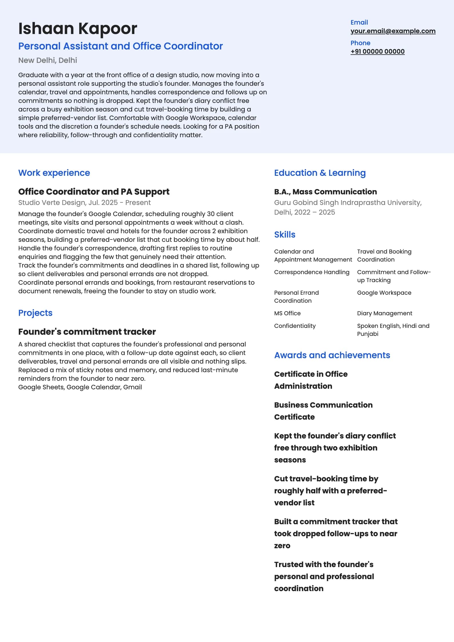 Personal Assistant resume example for Junior PA (1 year), modern template, showing professional summary, work experience, projects, skills, education and certifications