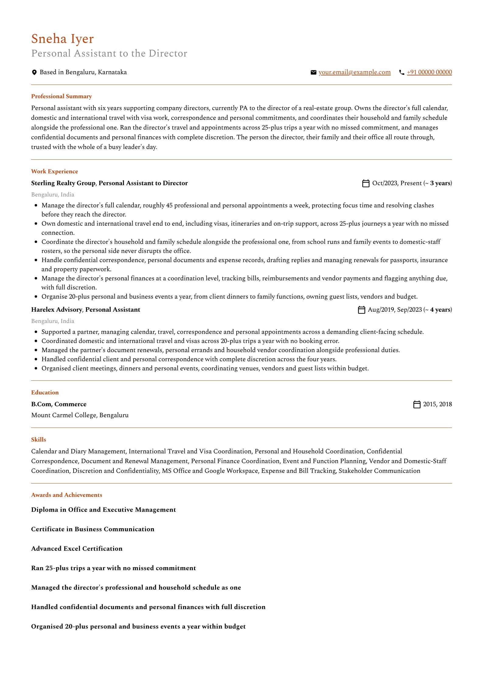 Personal Assistant resume example for Mid-level PA (6 years), professional template, showing professional summary, work experience, skills, education and certifications