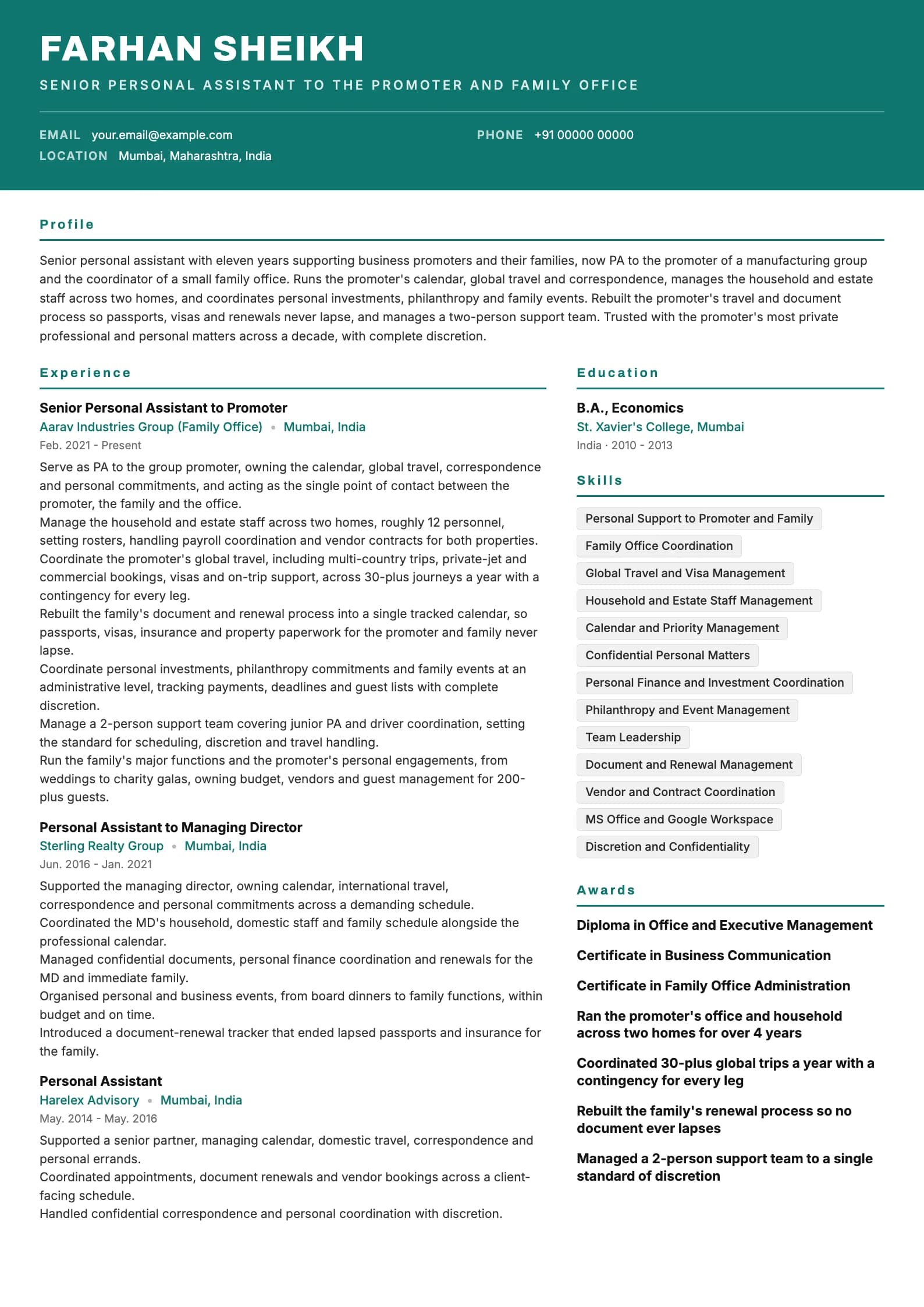 Personal Assistant resume example for Senior PA (11 years), header-band template, showing professional summary, work experience, skills, education and certifications