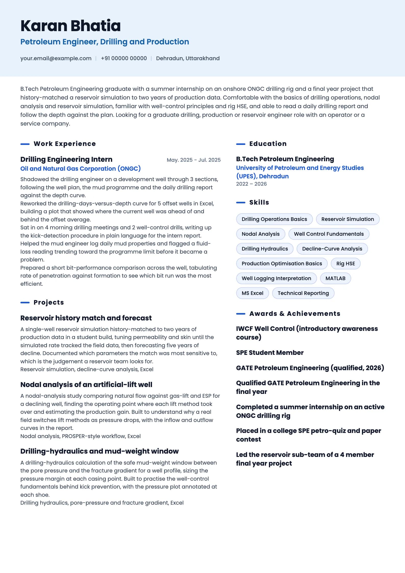 Petroleum Engineer resume example for Fresher (0 years), ai-era template, showing professional summary, work experience, projects, skills, education and certifications