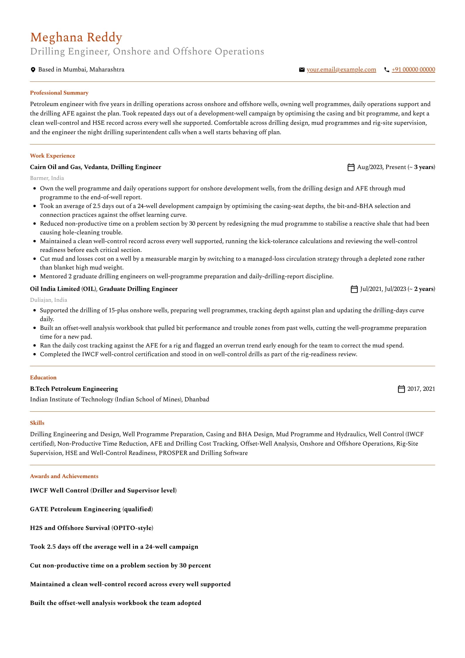 Petroleum Engineer resume example for Drilling engineer (5 years), professional template, showing professional summary, work experience, skills, education and certifications