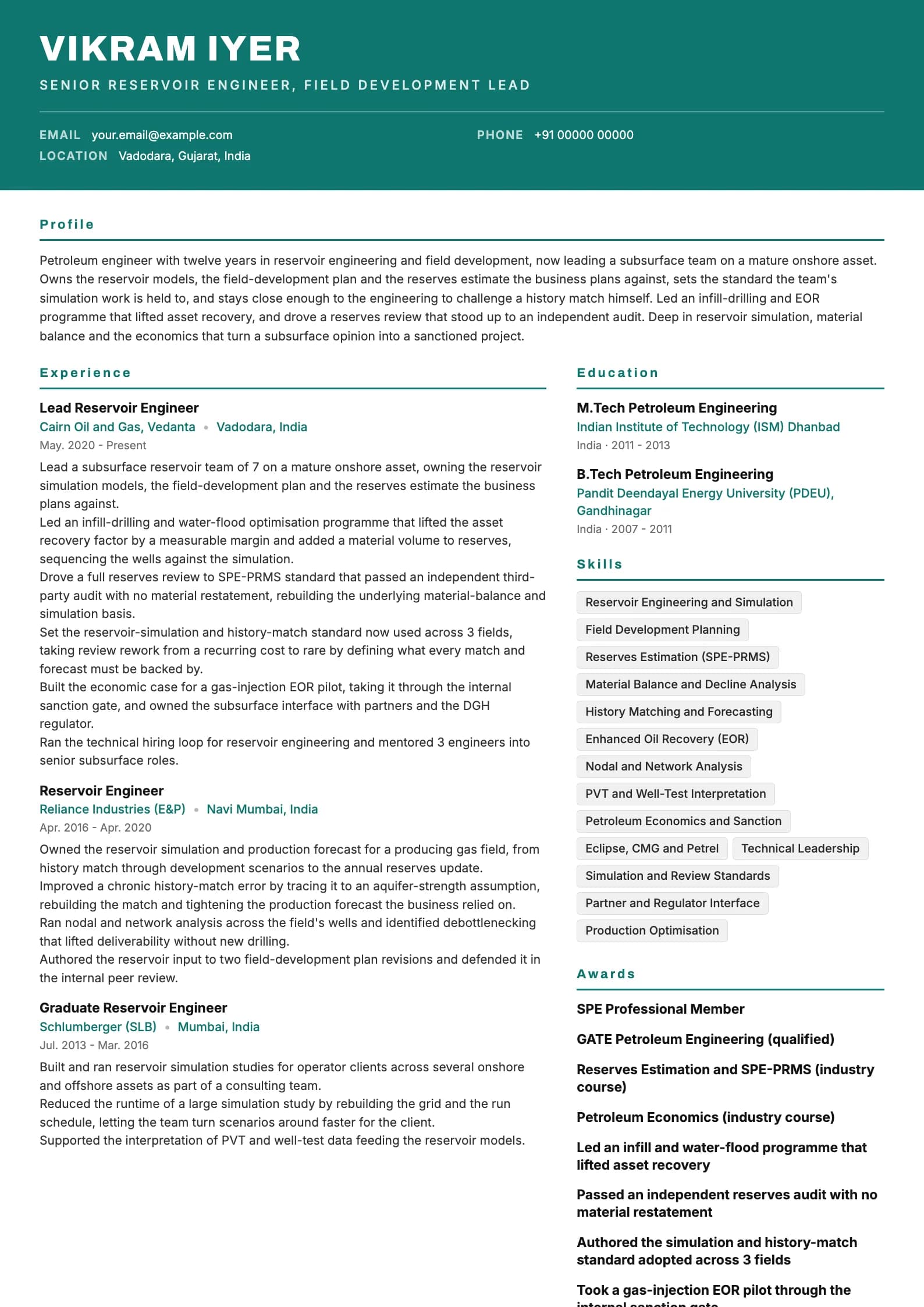 Petroleum Engineer resume example for Reservoir lead (12 years), header-band template, showing professional summary, work experience, skills, education and certifications