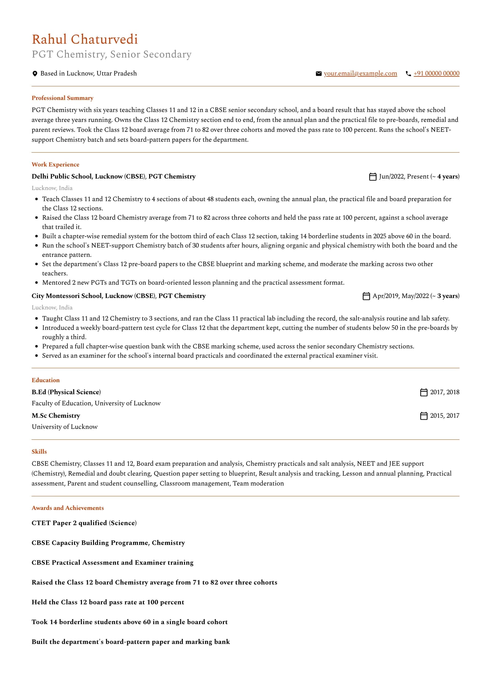PGT Teacher resume example for PGT with a board track record (6 years), professional template, showing professional summary, work experience, skills, education and certifications