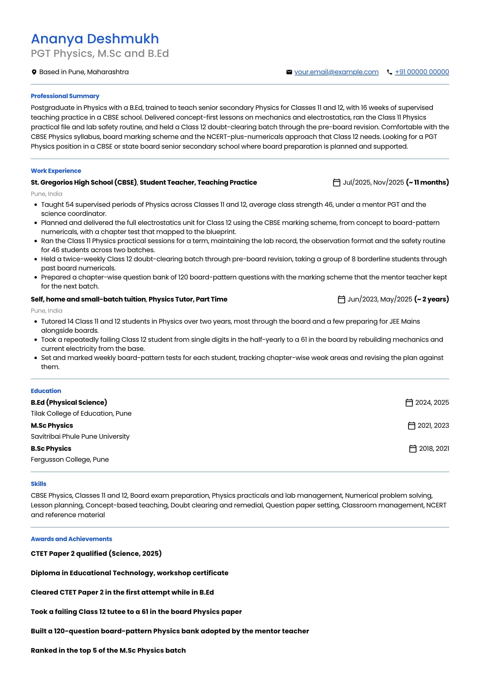 PGT Teacher resume example for Fresher, M.Sc plus B.Ed (0 years), minimalist template, showing professional summary, work experience, skills, education and certifications