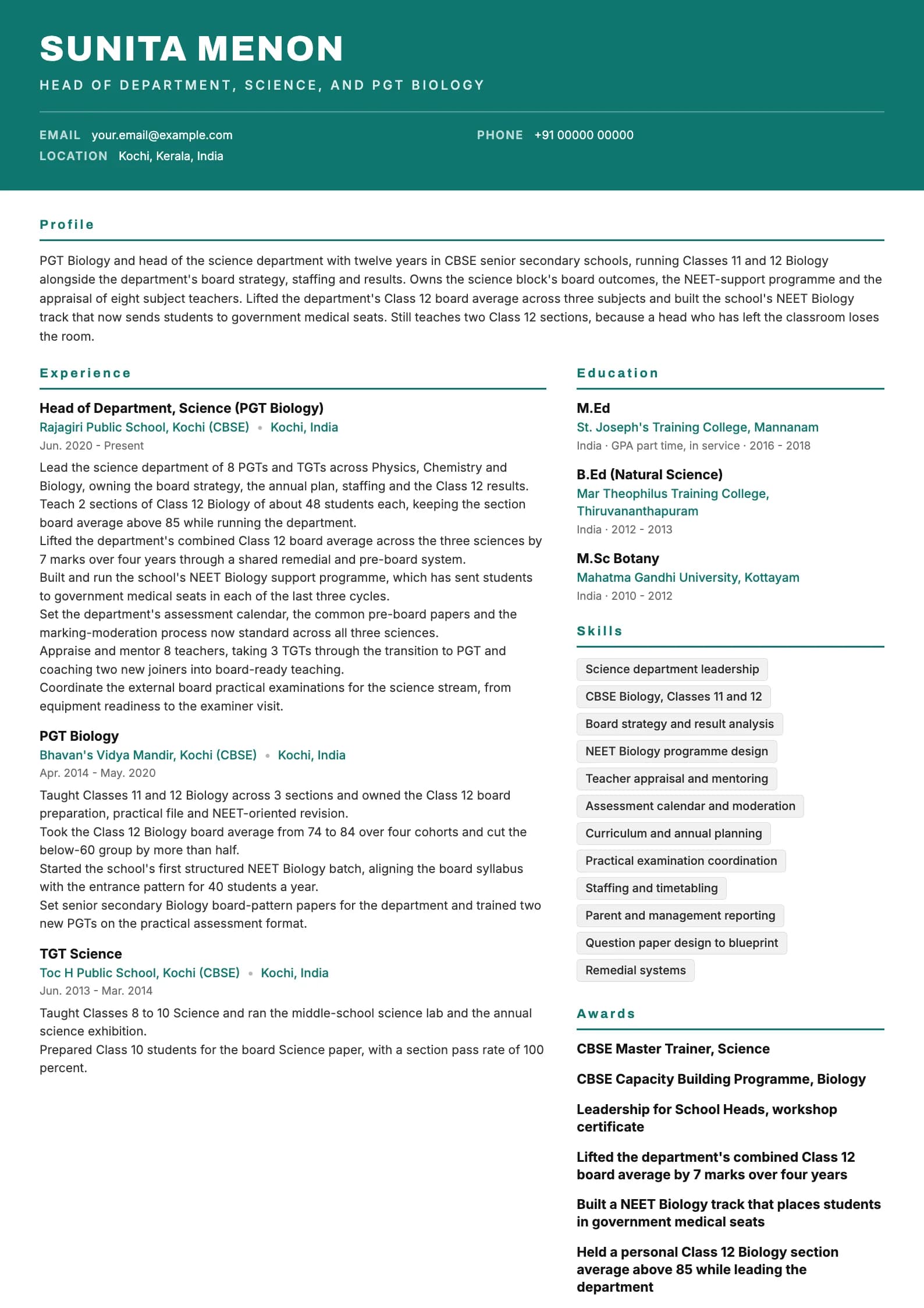 PGT Teacher resume example for Head of Department (12 years), header-band template, showing professional summary, work experience, skills, education and certifications