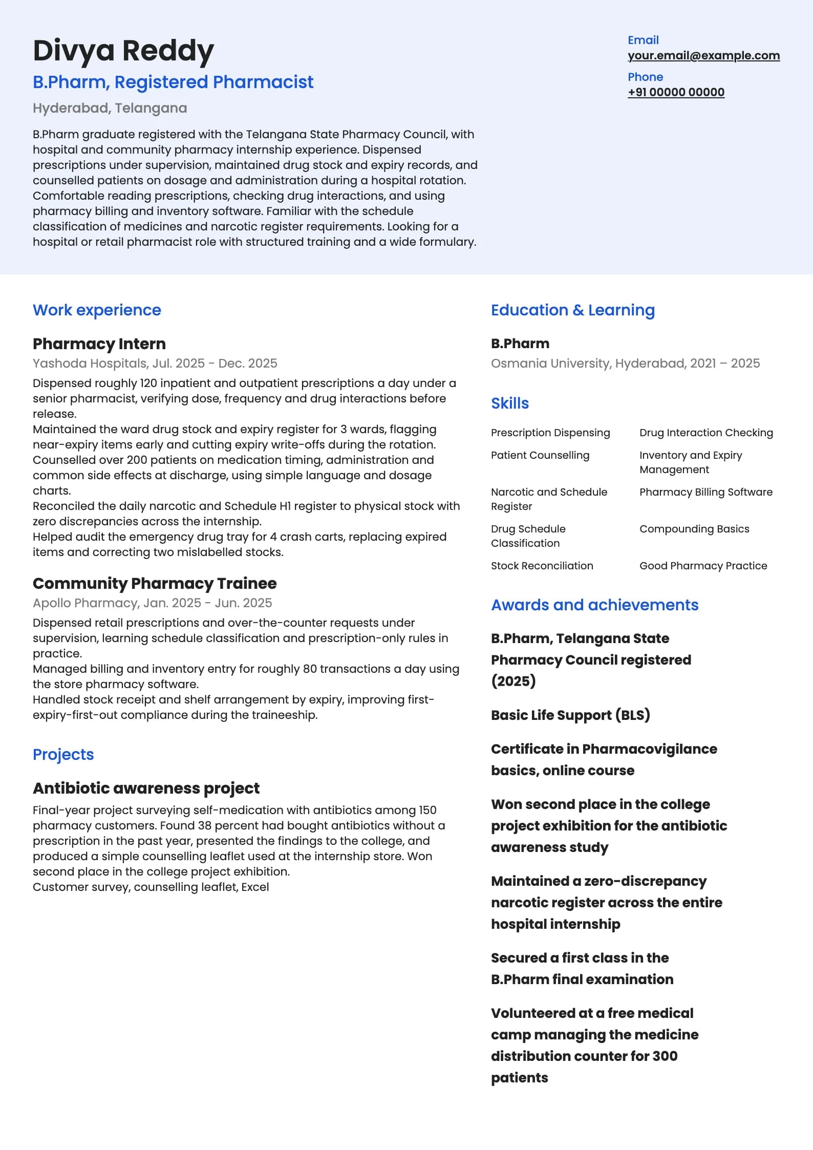 Pharmacist resume example for Fresher (0 years), modern template, showing professional summary, work experience, projects, skills, education and certifications