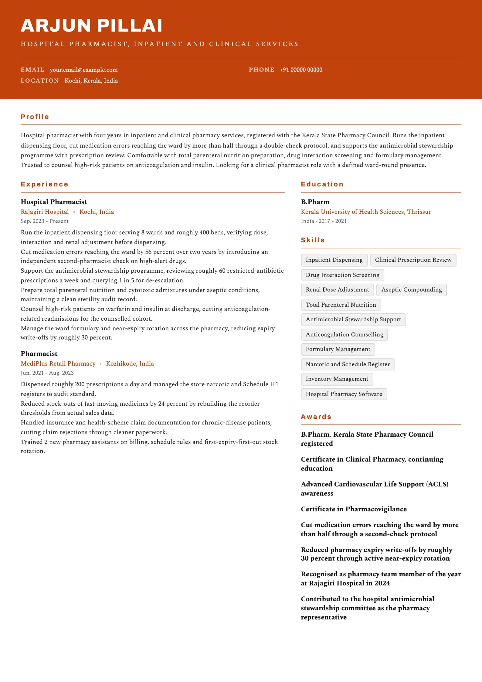 Pharmacist resume example for Hospital Pharmacist (4 years), header-band template, showing professional summary, work experience, skills, education and certifications