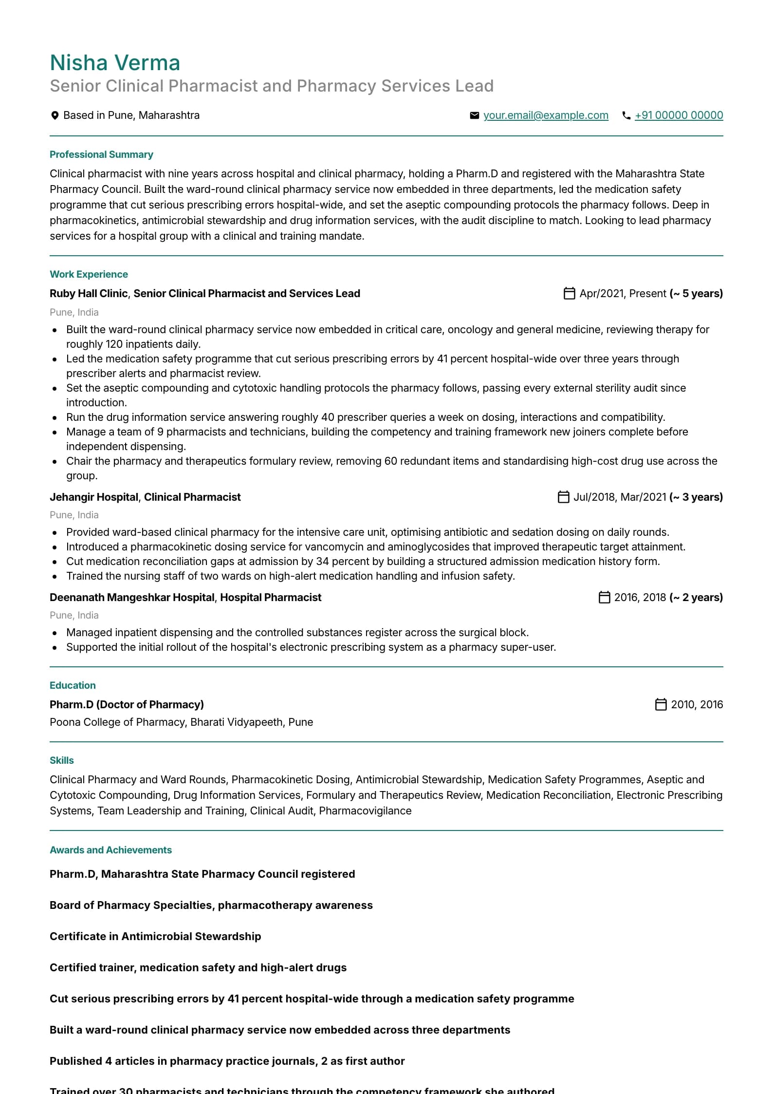 Pharmacist resume example for Clinical Pharmacist (9 years), professional template, showing professional summary, work experience, skills, education and certifications