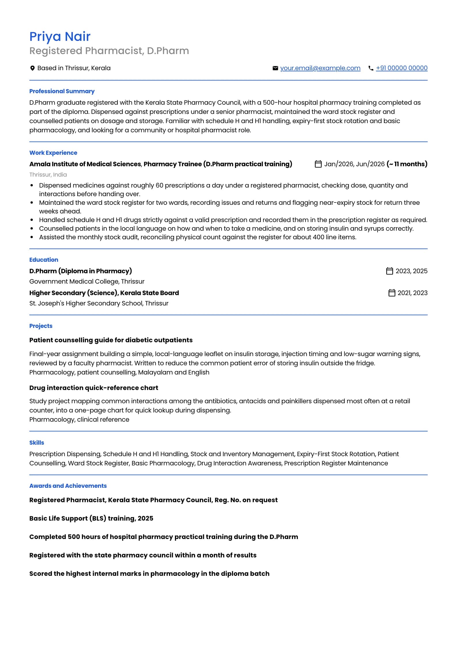 Pharmacist resume example for Fresher (0 years), minimalist template, showing professional summary, work experience, projects, skills, education and certifications
