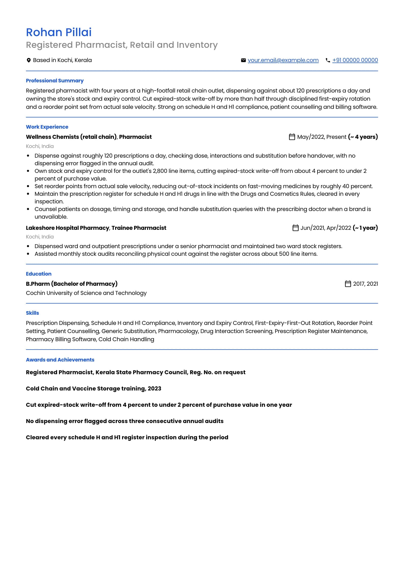 Pharmacist resume example for Skills-forward (4 years), professional template, showing professional summary, work experience, skills, education and certifications