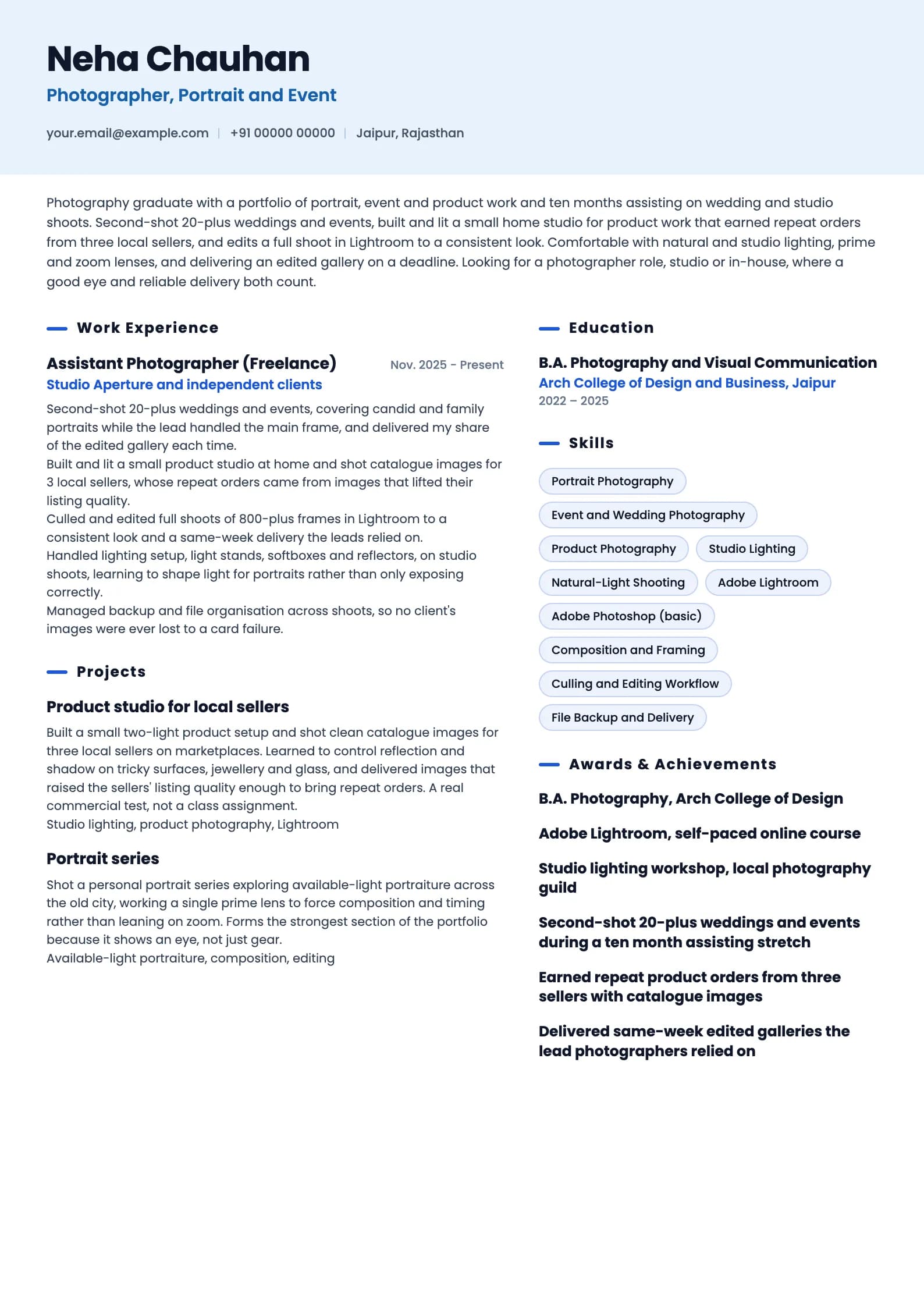 Photographer resume example for Fresher (0 years), ai-era template, showing professional summary, work experience, projects, skills, education and certifications