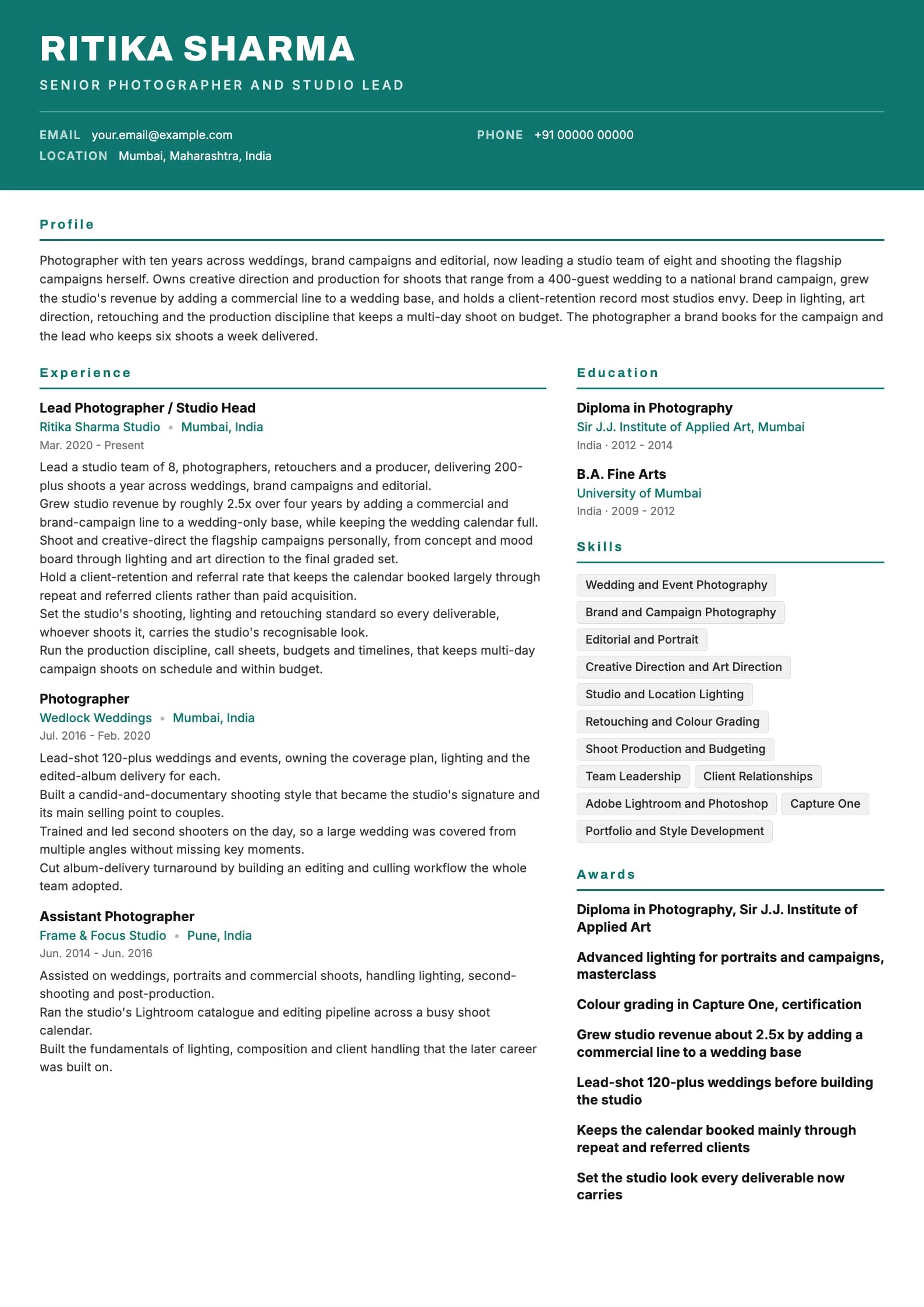 Photographer resume example for Senior (10 years), header-band template, showing professional summary, work experience, skills, education and certifications
